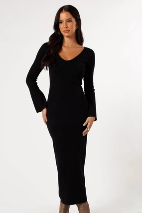 Nordic Calm Leg-Lengthening Lina Long Sleeve Midi Dress - Black