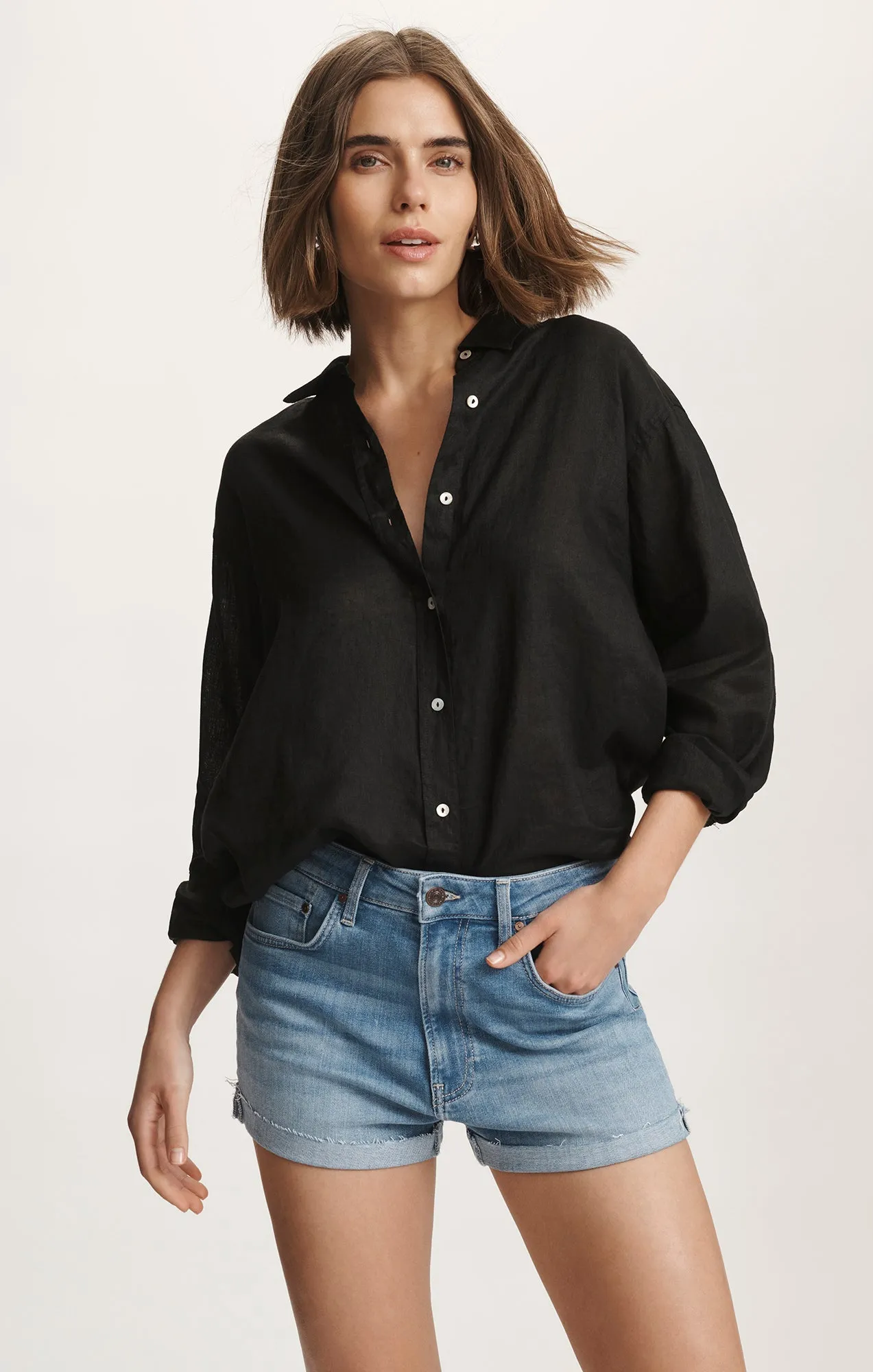 Seasonal Trend LINEN BUTTON-UP SHIRT IN BLACK
