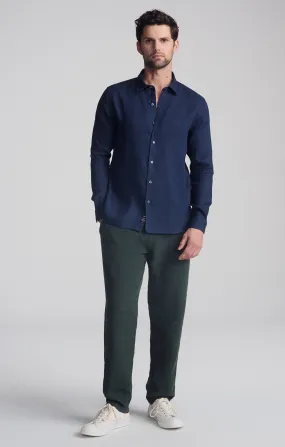 LINEN LONG SLEEVE BUTTON-UP SHIRT IN BLACK IRIS Affordable Fashion Vibrant Colors