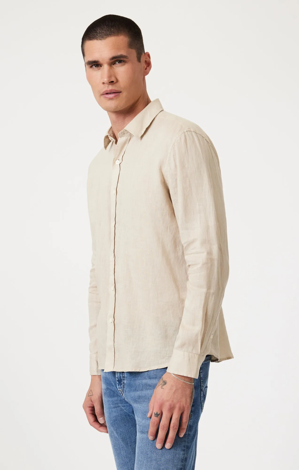 LINEN LONG SLEEVE BUTTON-UP SHIRT IN FEATHER GRAY Edgy Fashion