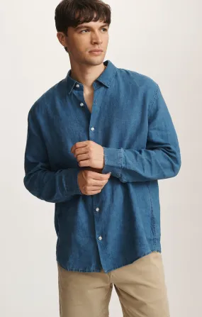 LINEN LONG SLEEVE BUTTON-UP SHIRT IN INDIGO Winter Layering