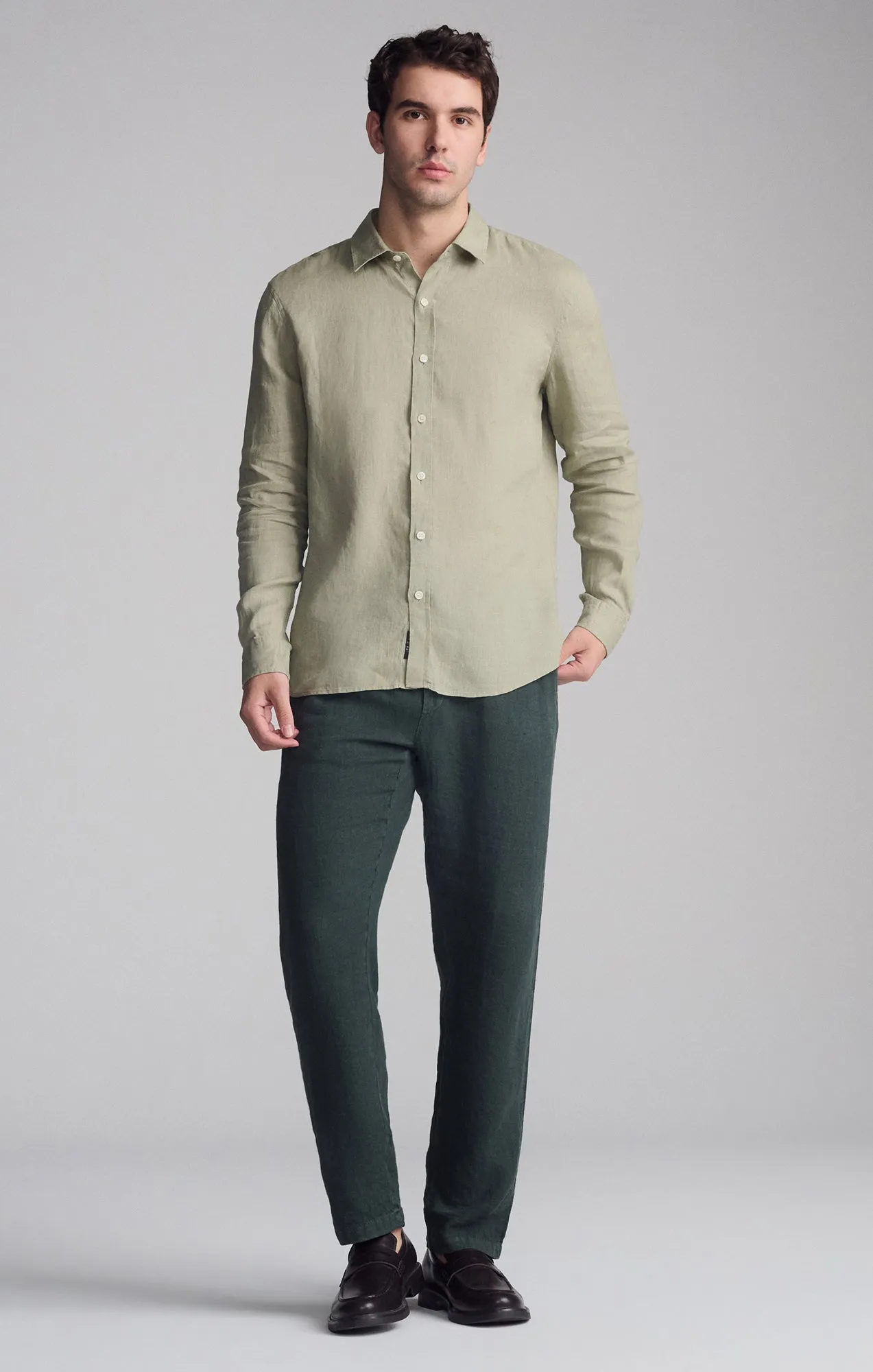 LINEN LONG SLEEVE BUTTON-UP SHIRT IN SEAGRASS Wrinkle Resistant Material Trendy Fashion