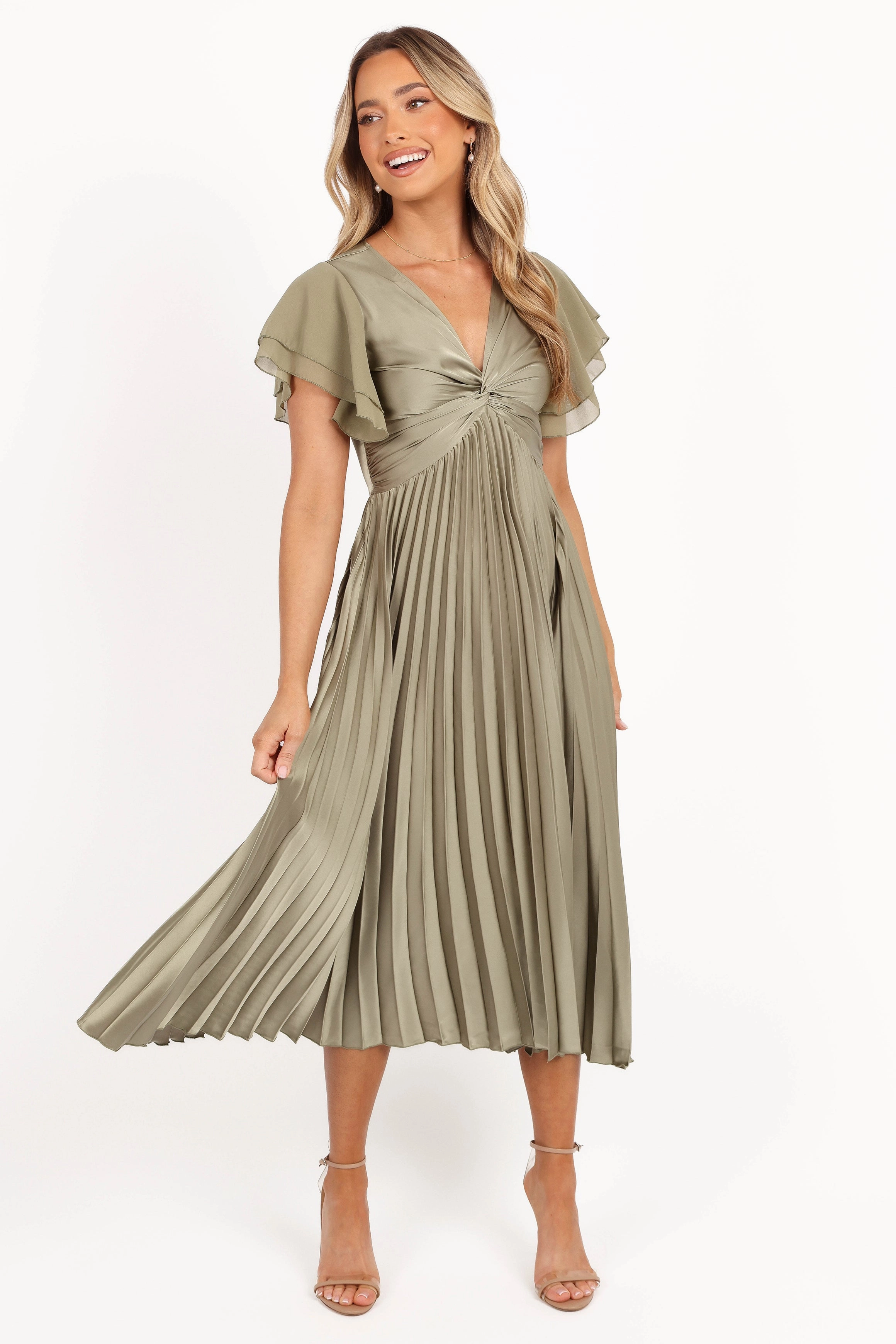 LayeredHemline Nova Flutter Sleeve Midi Dress - Olive