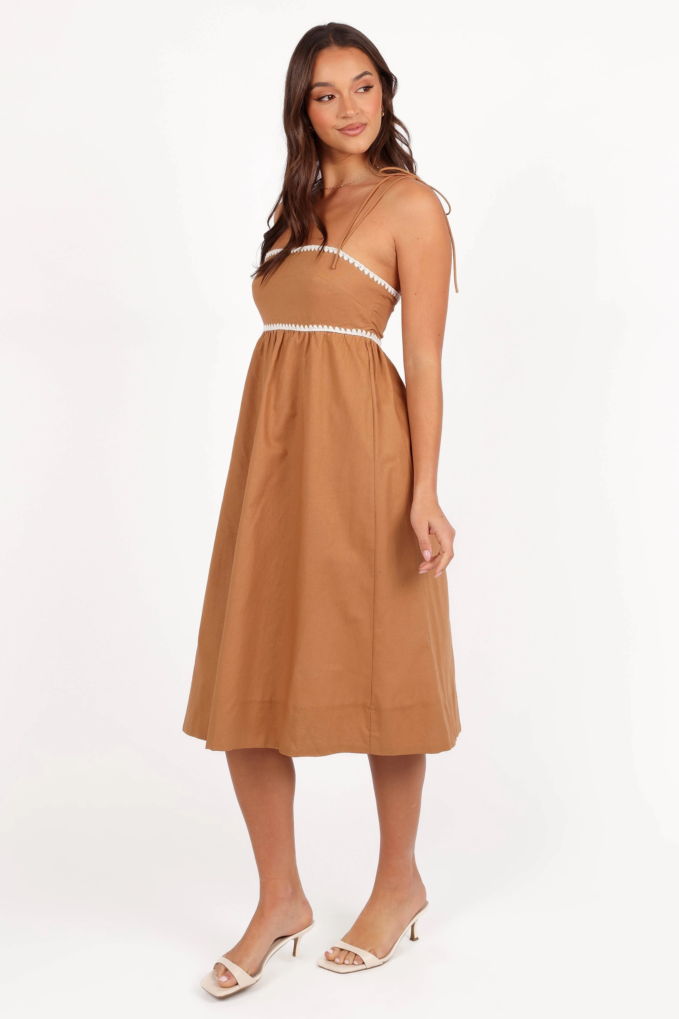 Timeless Line Grab Now Lino Contrast Trim Midi Dress - Tan White