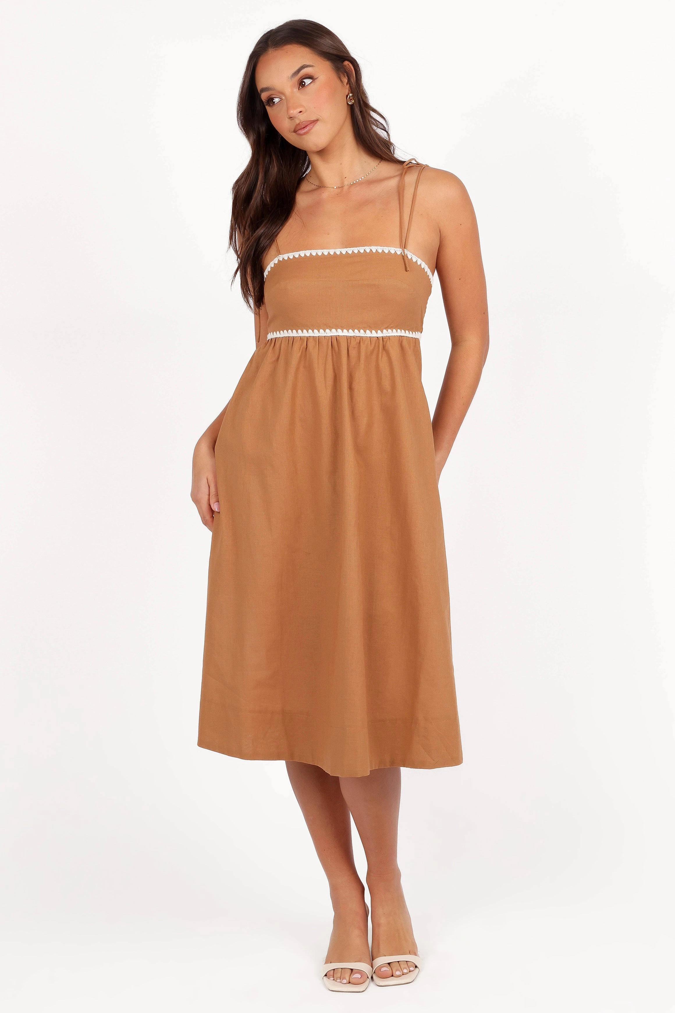 Lino Contrast Trim Midi Dress - Tan White Non-Iron