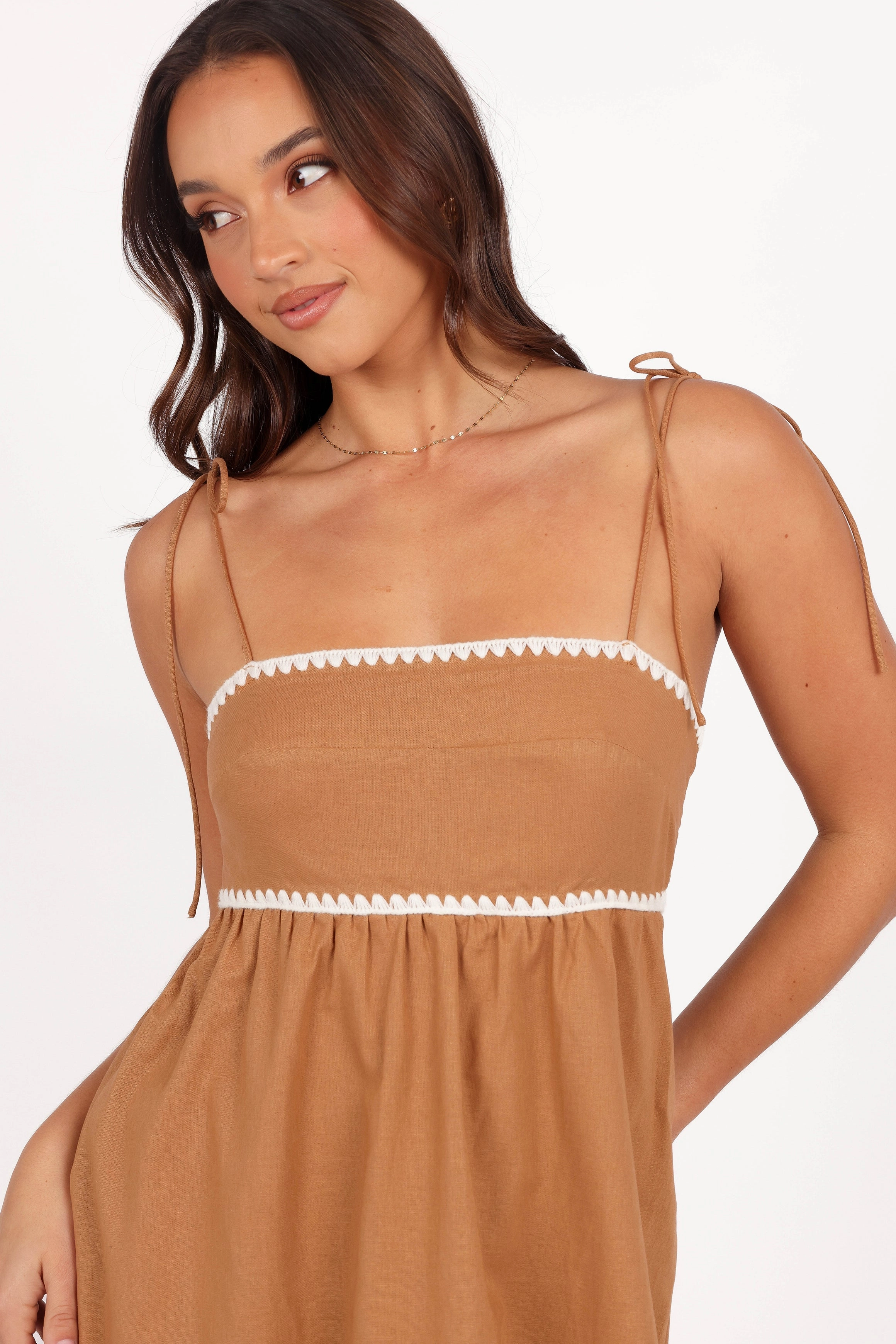 Lino Contrast Trim Midi Dress - Tan White Statement-Buttons