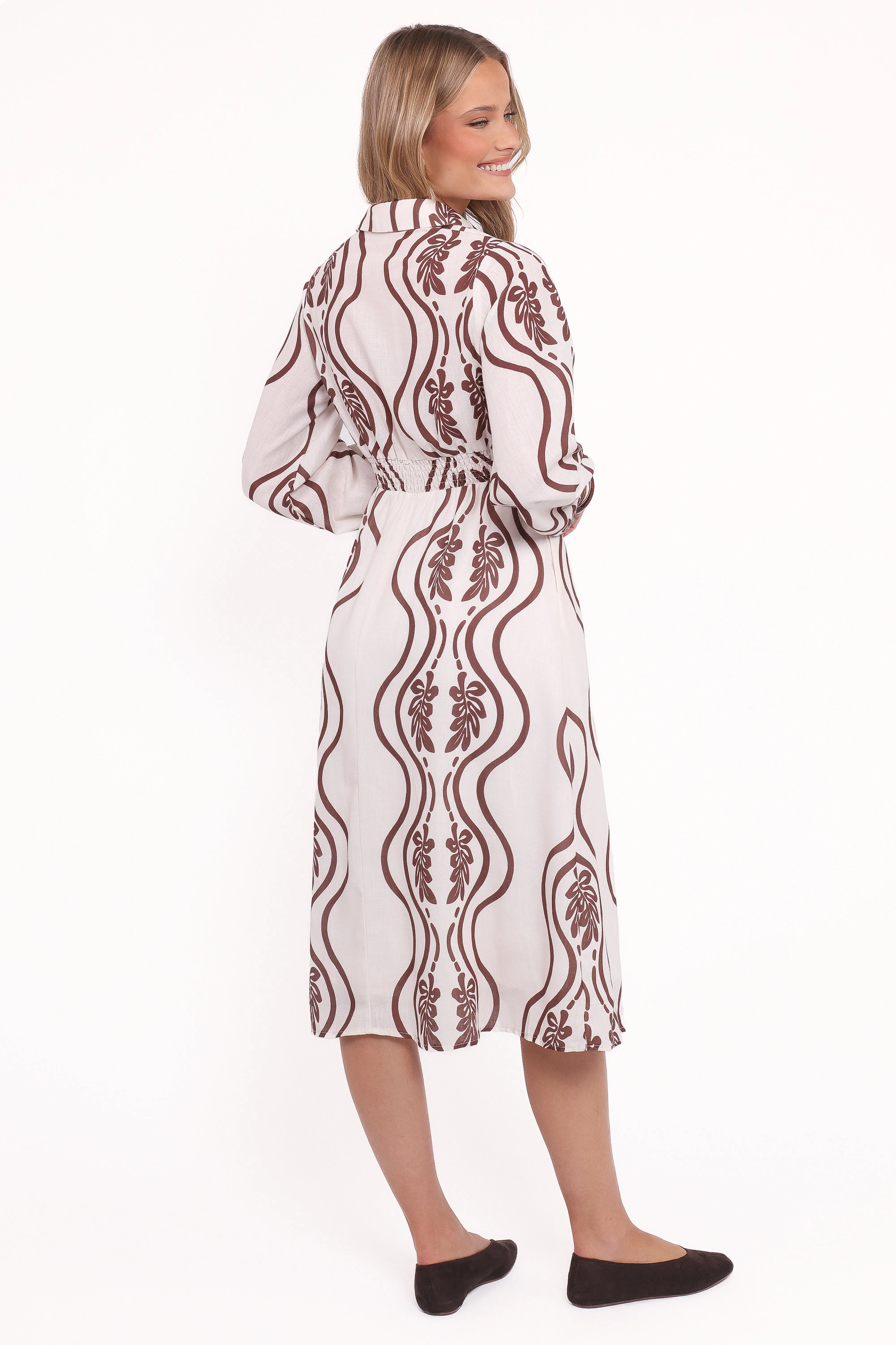 Lira Long Sleeve Midi Dress - Brown Print High-waisted evening piece