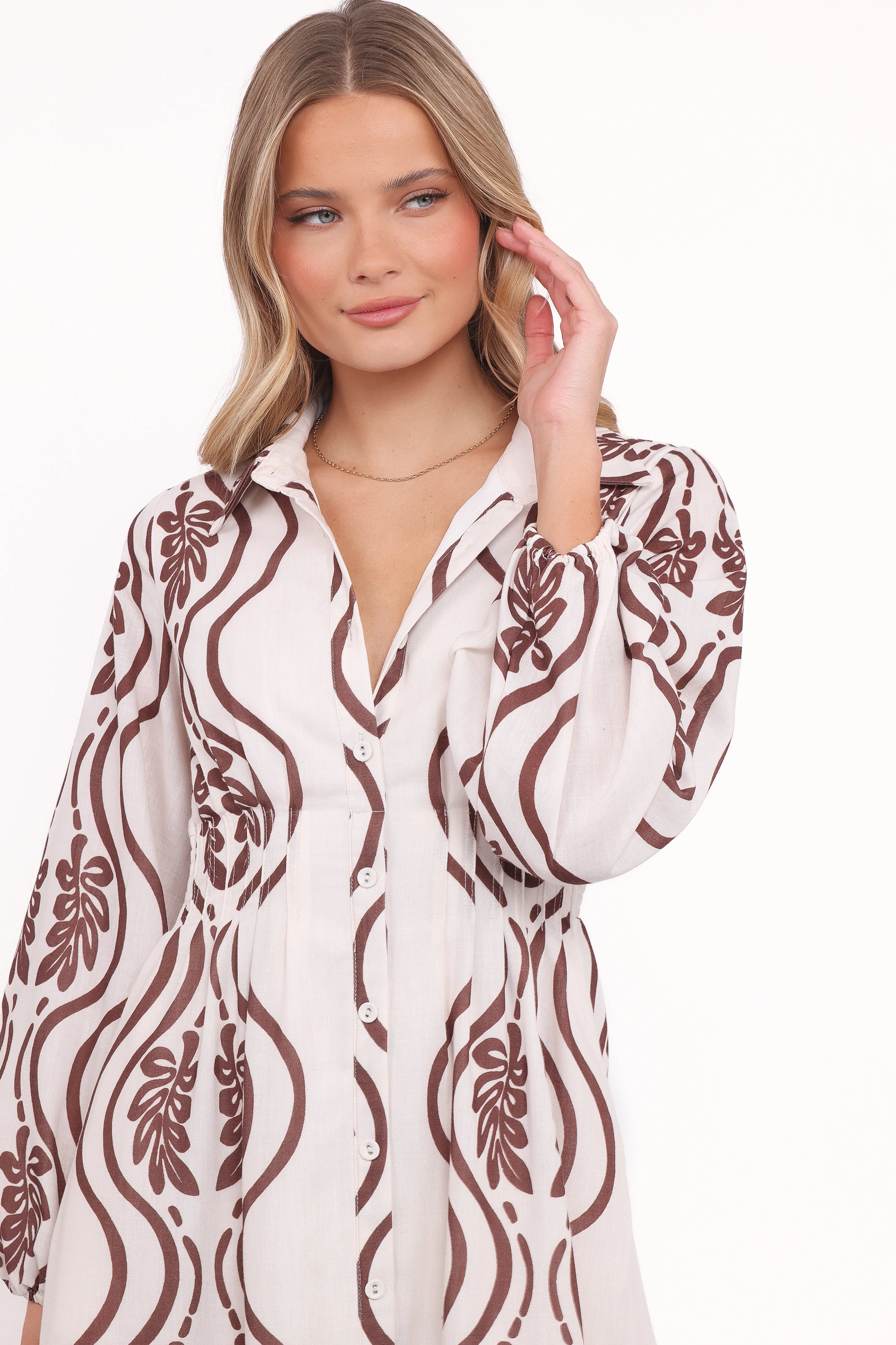 Stylish Waist Fit Travel Ready Lira Long Sleeve Midi Dress - Brown Print
