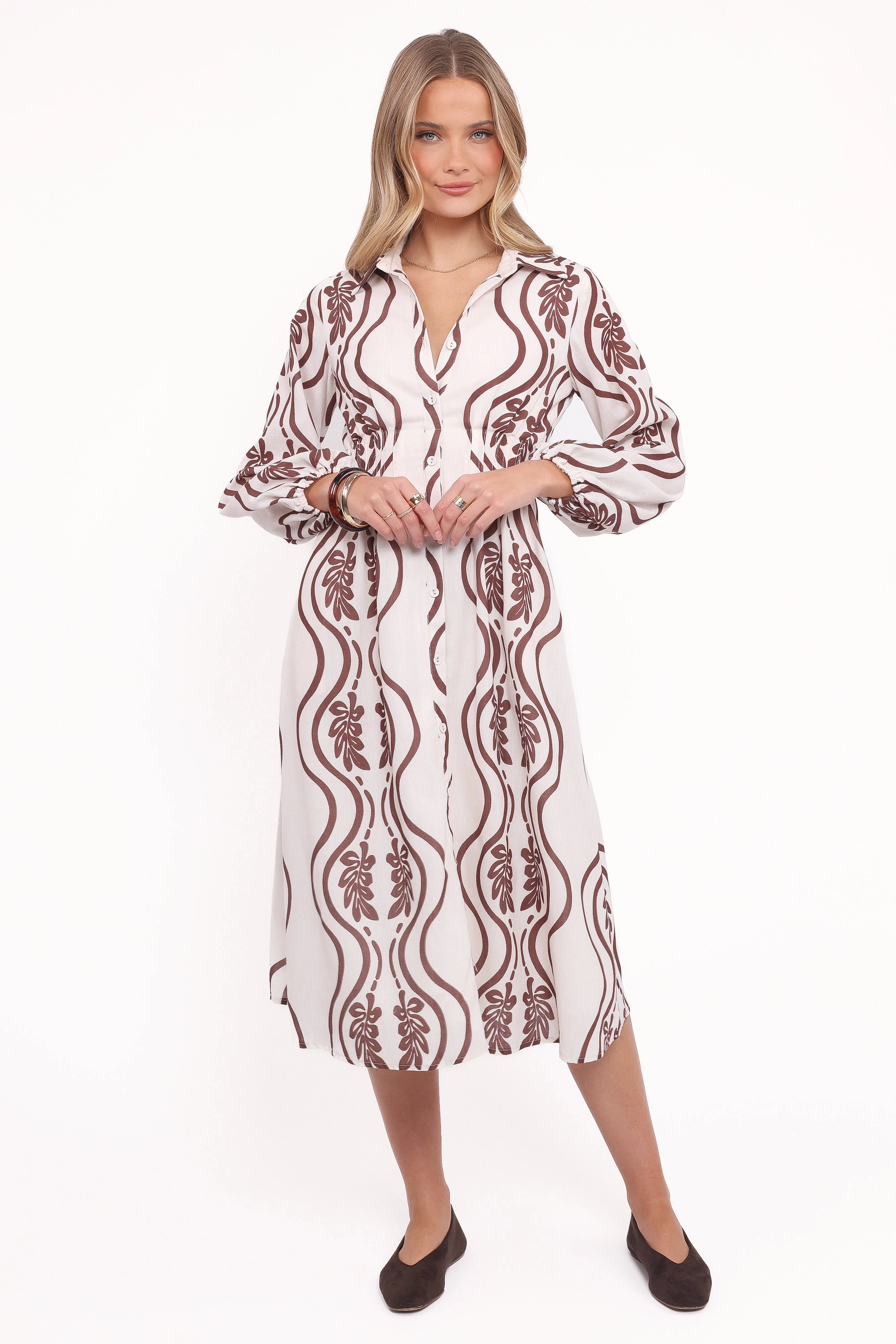 Vibrant Spirit Polished Design Lira Long Sleeve Midi Dress - Brown Print