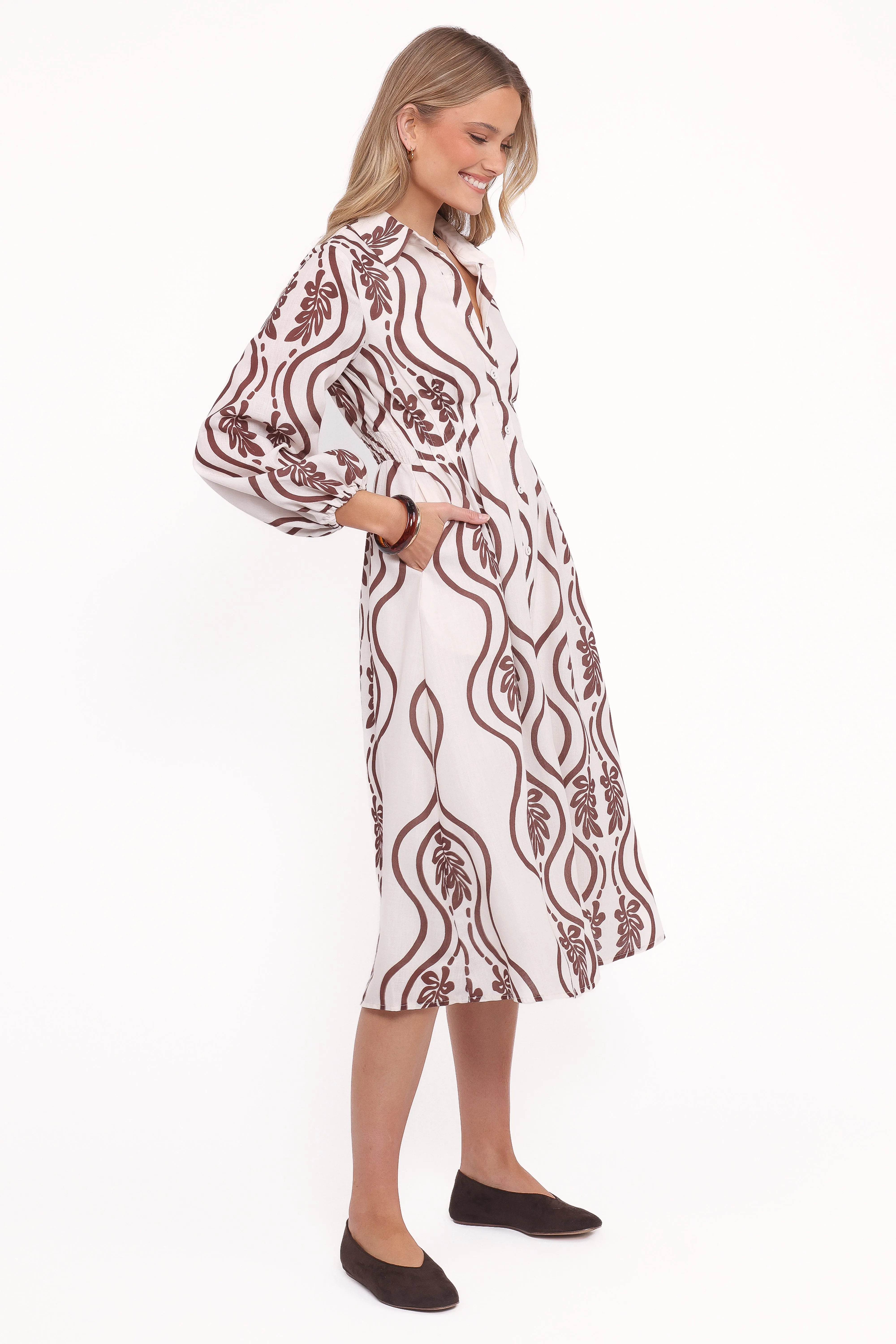 Lira Long Sleeve Midi Dress - Brown Print Flap-Detail