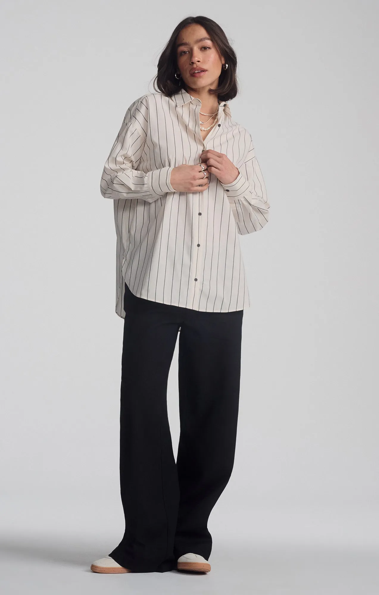 LONG SLEEVE BUTTON-UP SHIRT IN ANTRASIT STRIPE Luxury Feel Pre Shrunk Cotton Blend