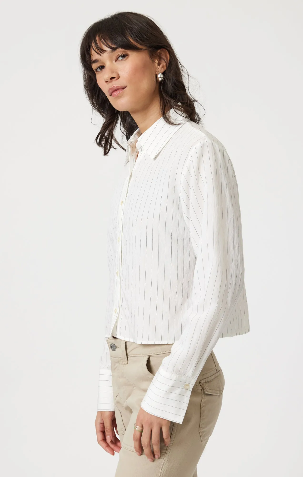 vacation wear LONG SLEEVE BUTTON-UP SHIRT IN BLACK PIN STRIPE