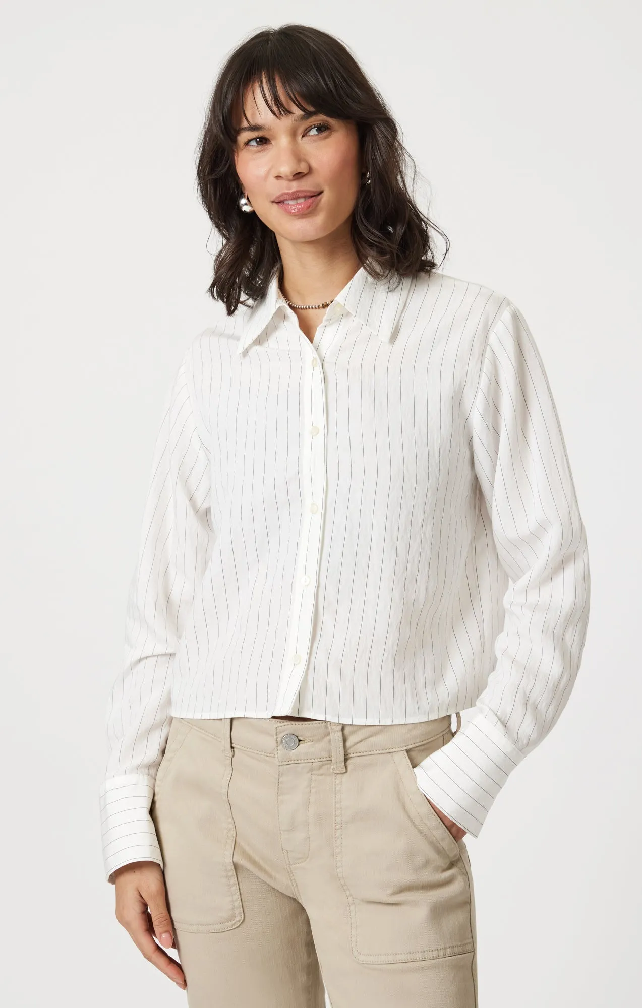 Lightweight Fabric Matte Look LONG SLEEVE BUTTON-UP SHIRT IN BLACK PIN STRIPE