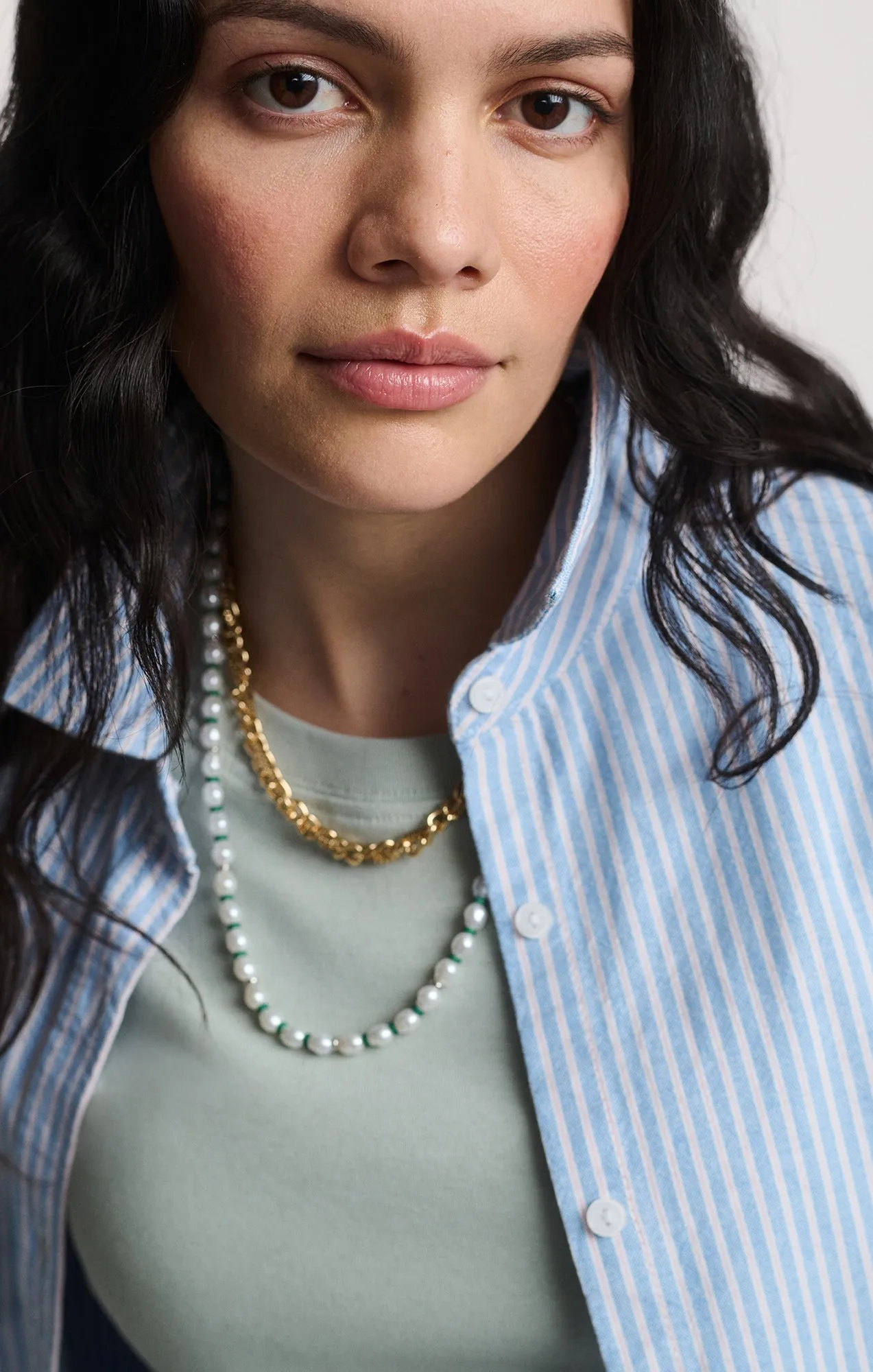 LONG SLEEVE BUTTON-UP SHIRT IN OXFORD BLUE STRIPED Embroidered Detail