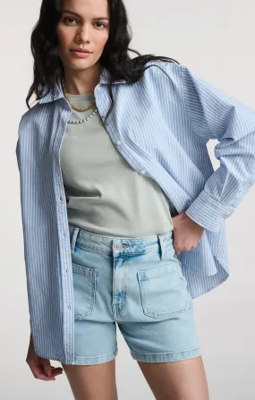 LONG SLEEVE BUTTON-UP SHIRT IN OXFORD BLUE STRIPED Lightweight Feel high-low hem