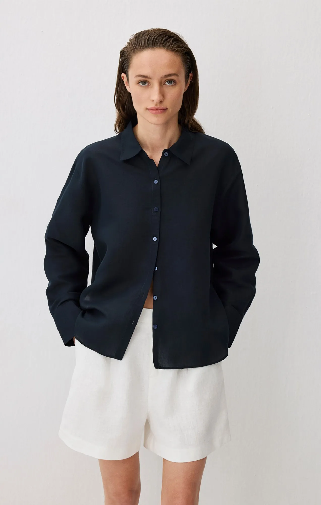 LONG SLEEVE TENCEL? SHIRT IN BLACK IRIS Sophisticated Style