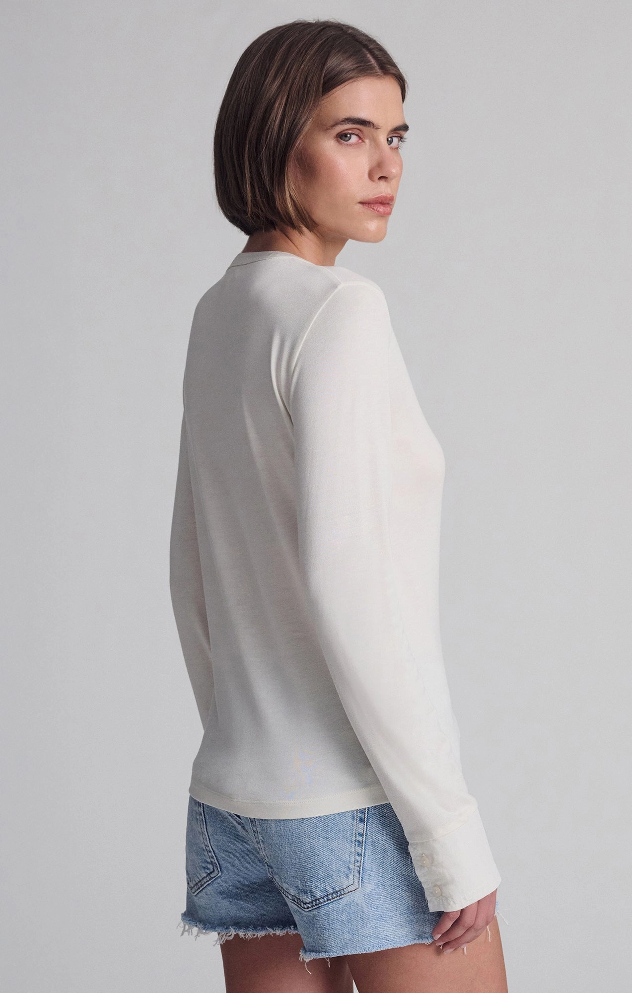 Fashionable Loose fitting comfort LONG SLEEVE HENLEY IN COCONUT MILK