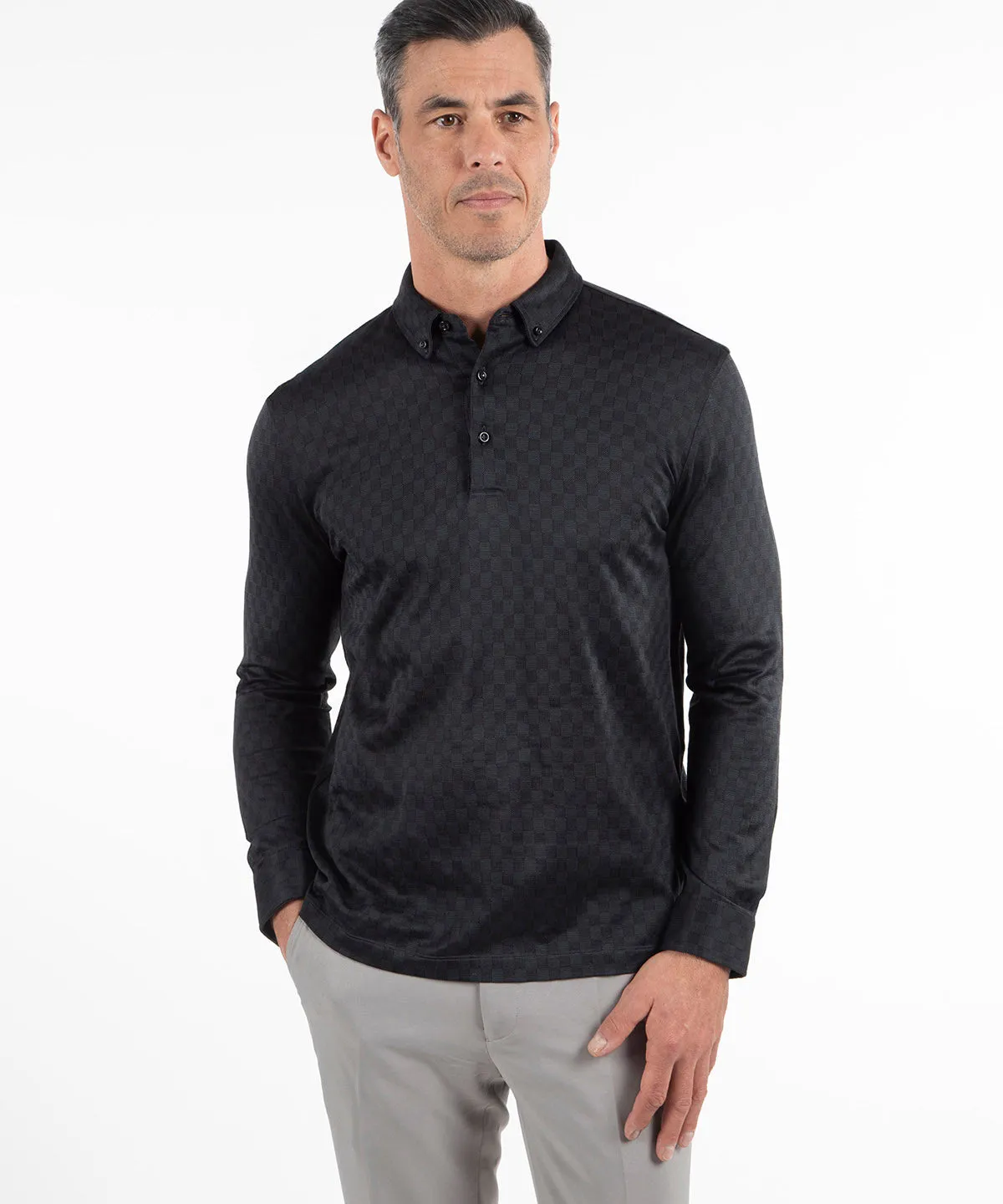 Heritage Messina Tonal Checkered Jacquard Italian Cotton/Silk Blend Long-Sleeve Polo NonRestrictive Shoulder Design Active Fashion