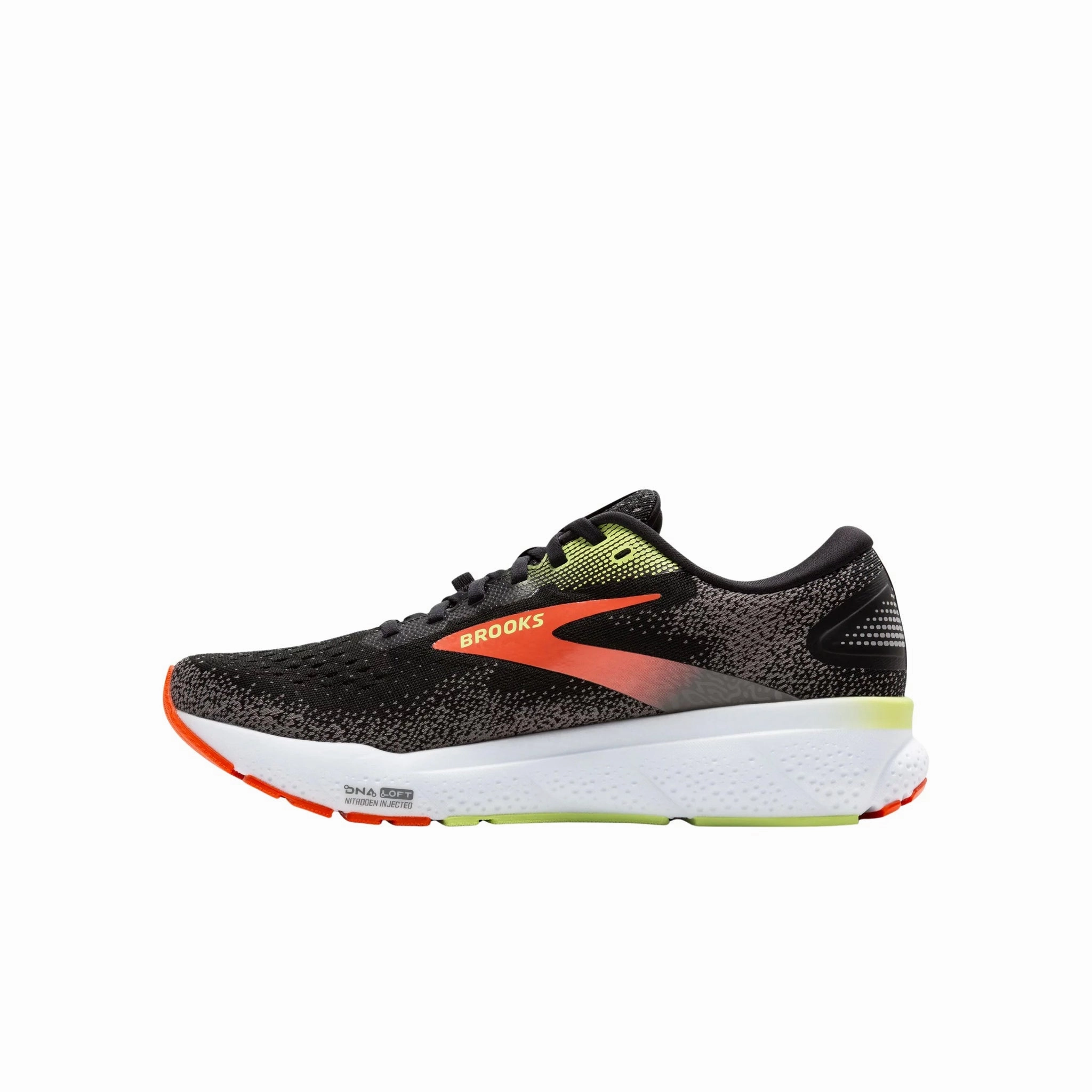 Brooks Men's Ghost 16 GTX Road Running Shoes - Black/Mandarin Red/Green Dynamic Suspension Vegan Synthetic Leather