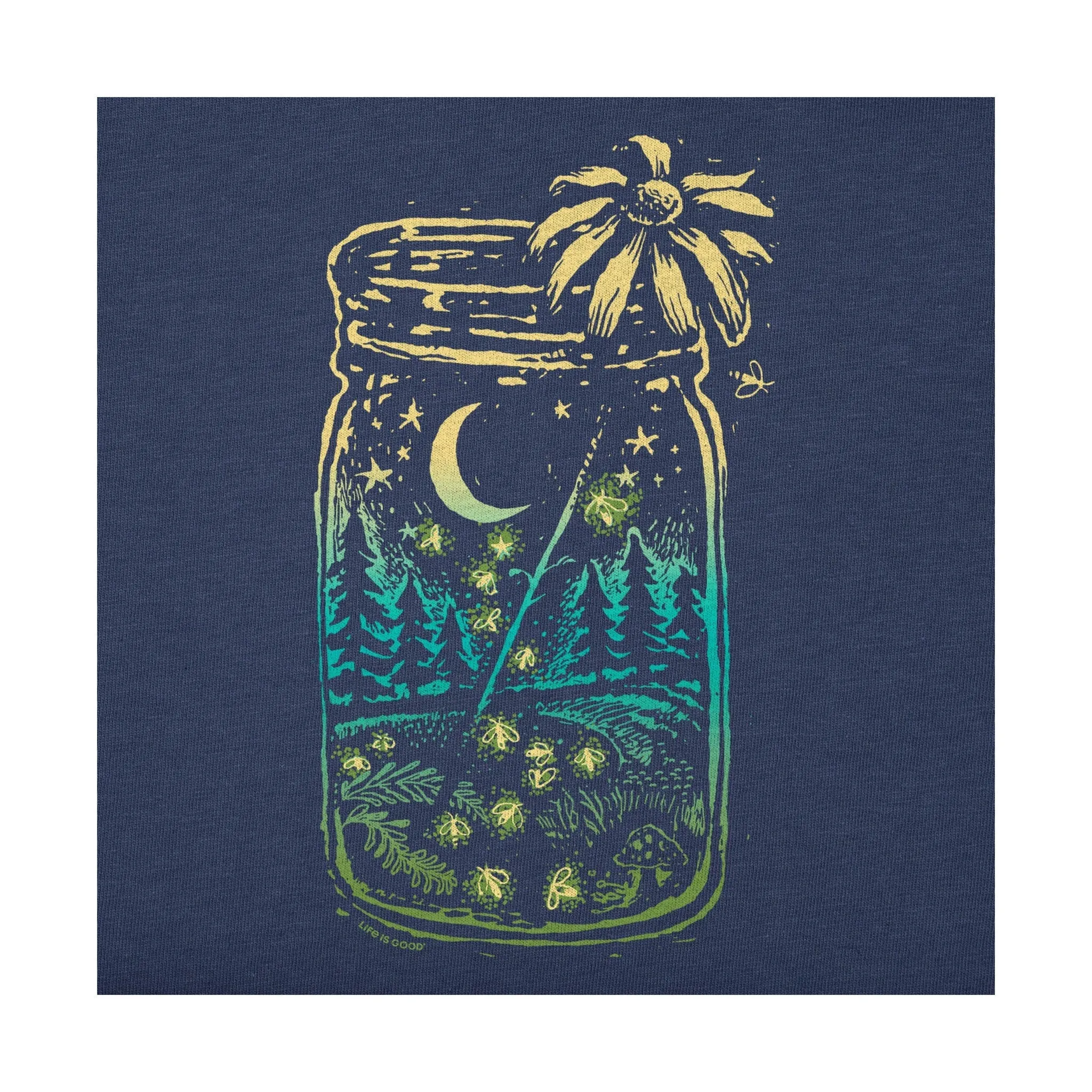 Life Is Good Women's Firefly Moon Jar Short Sleeve Crusher Vee - Darkest Blue Adjustable Hemline