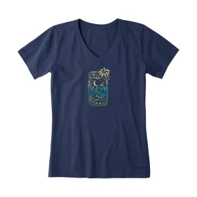 Life Is Good Women's Firefly Moon Jar Short Sleeve Crusher Vee - Darkest Blue BondedShoulderTaping Fashionable Tank