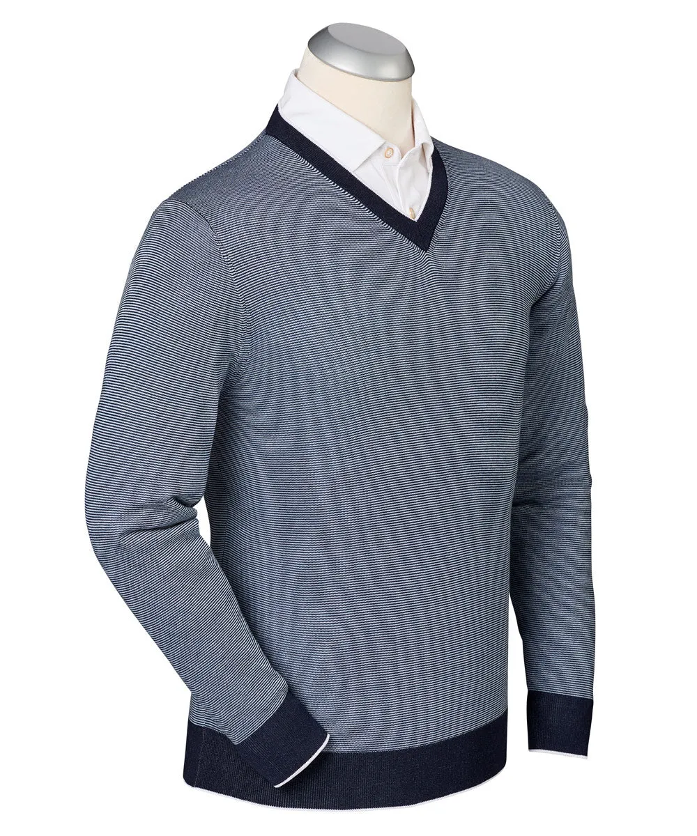 Merino Wool Blend Modern Comforted Luxe 100% Mercerized Cotton Hairline Stripe V-Neck Sweater