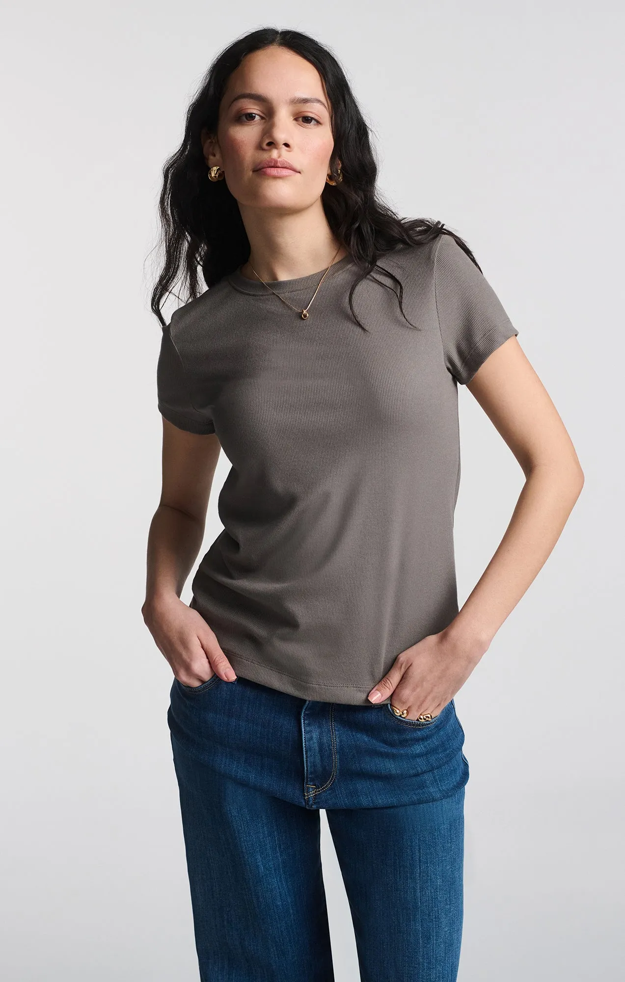 Comfortable and Chic NonIronTechnology LUXE TOUCH TENCEL? RIBBED T-SHIRT IN DARK GULL GRAY