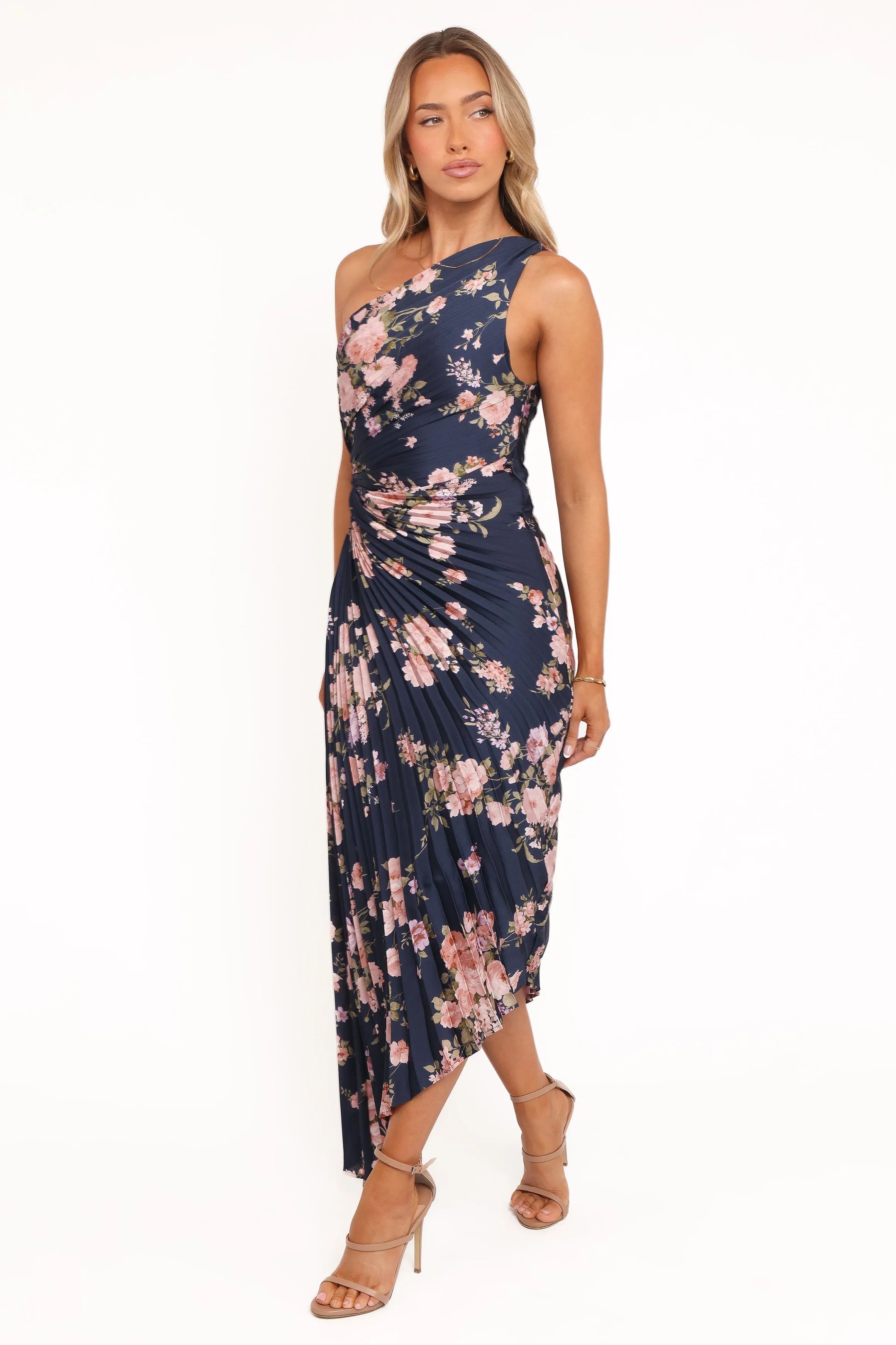 Chill Fashion Warm Palette Kleo One Shoulder Maxi Dress - Navy Floral