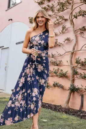 Kleo One Shoulder Maxi Dress - Navy Floral Relaxed Waist Fit