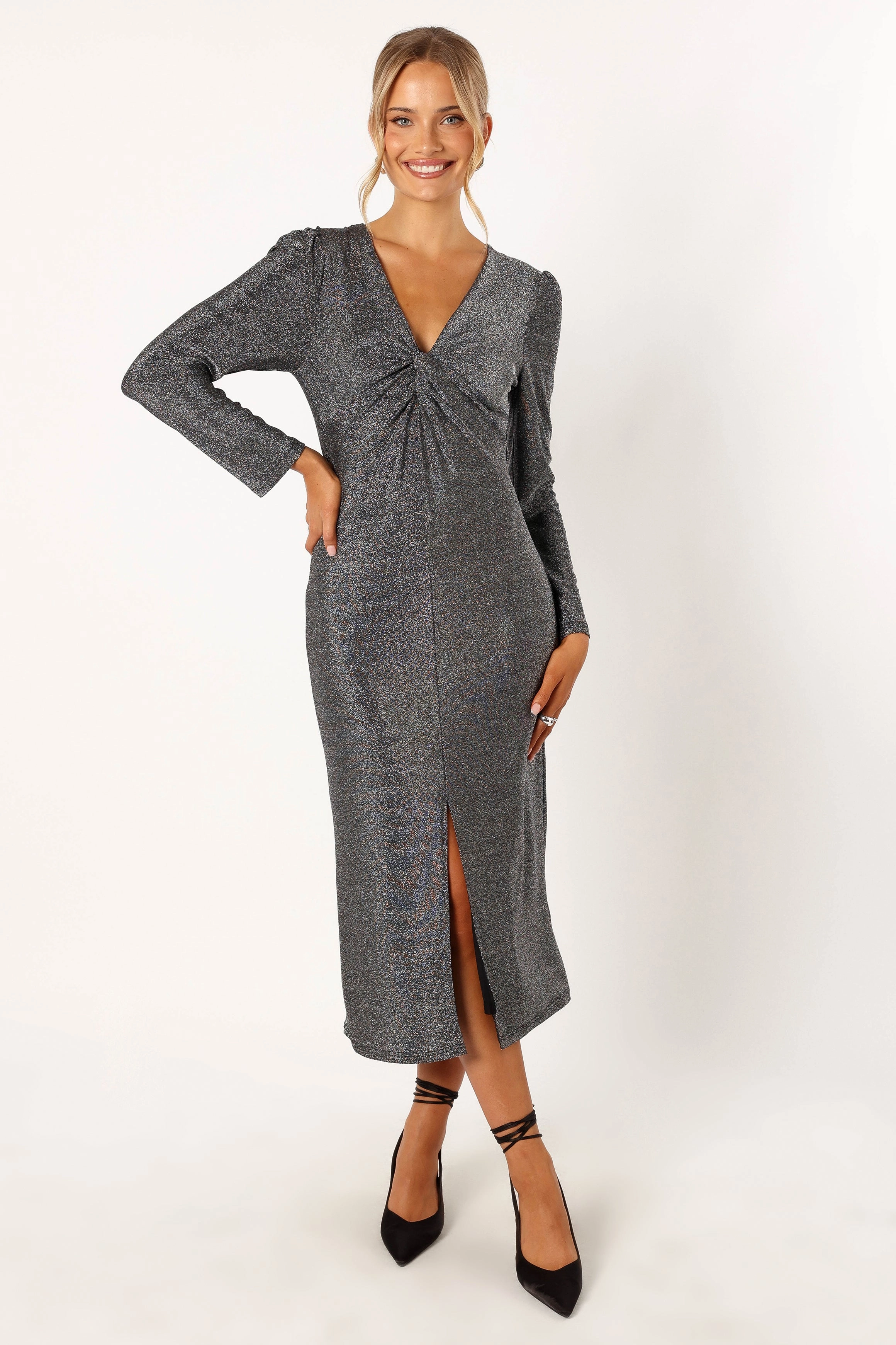 Luminate Long Sleeve Midi Dress - Silver Tailored Mood Cozy Energy