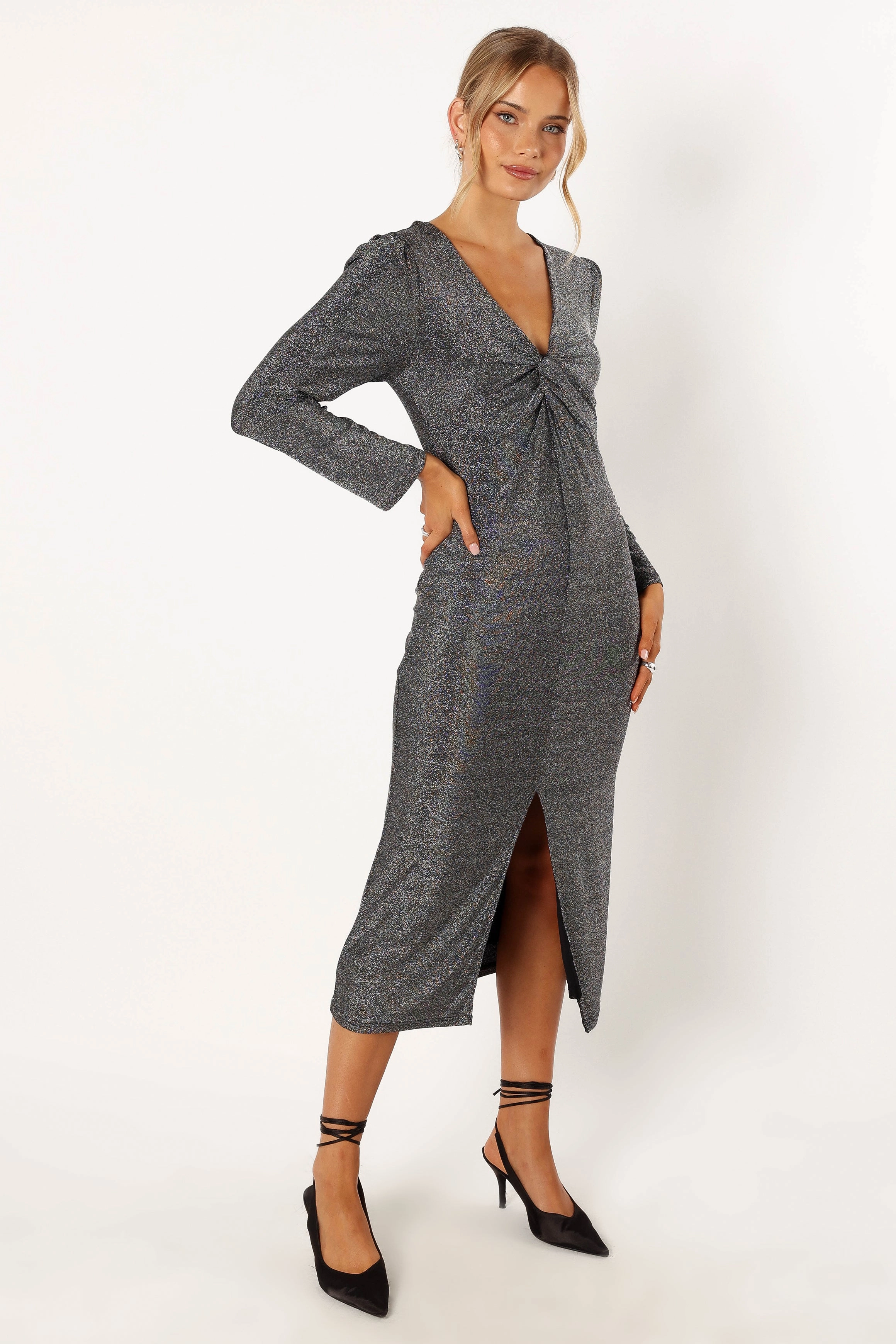Luminate Long Sleeve Midi Dress - Silver Slit Detail