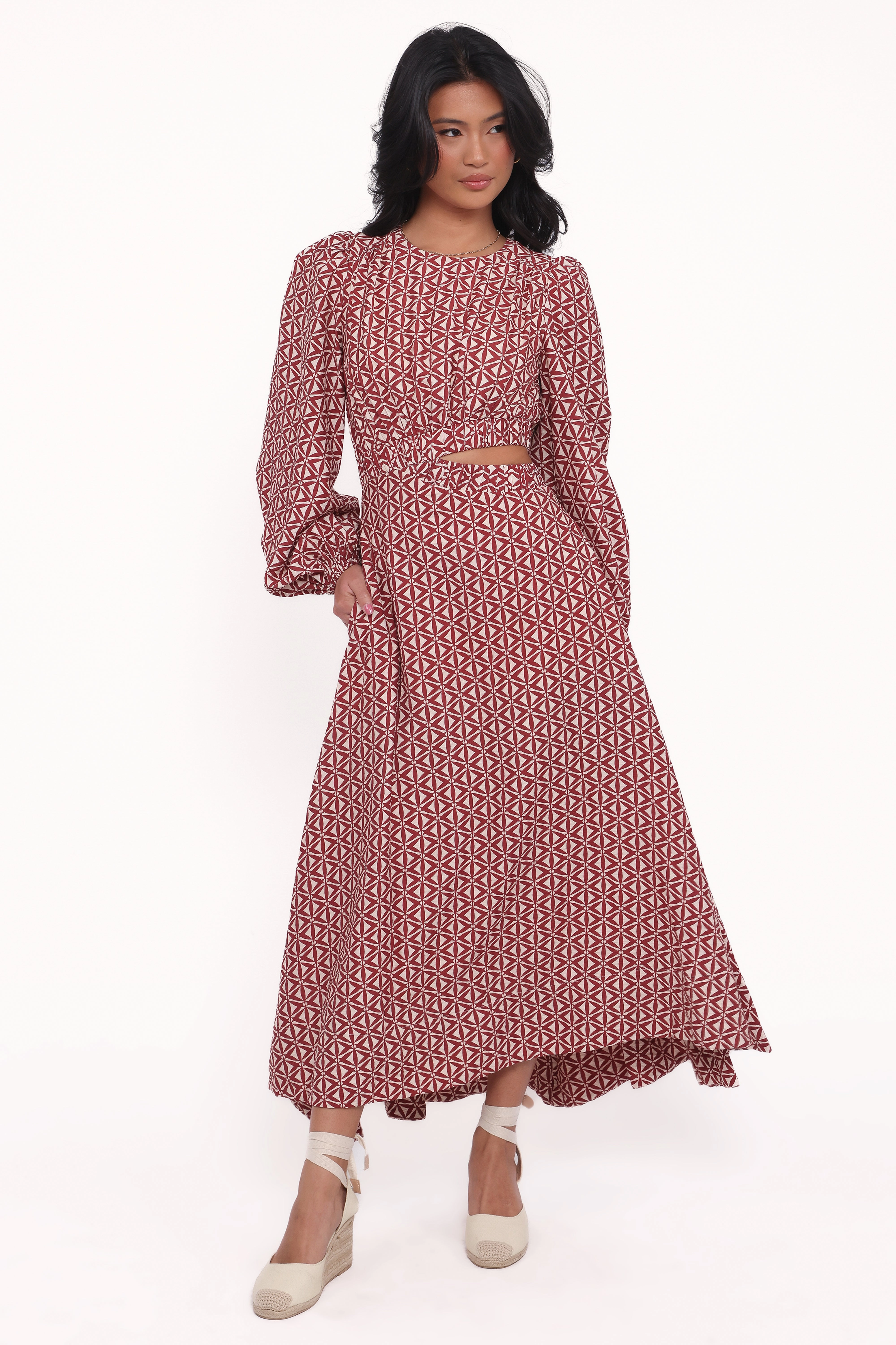 Contemporary Design Ginnee Puff Sleeve Cutout Midi Dress - Brown Geo