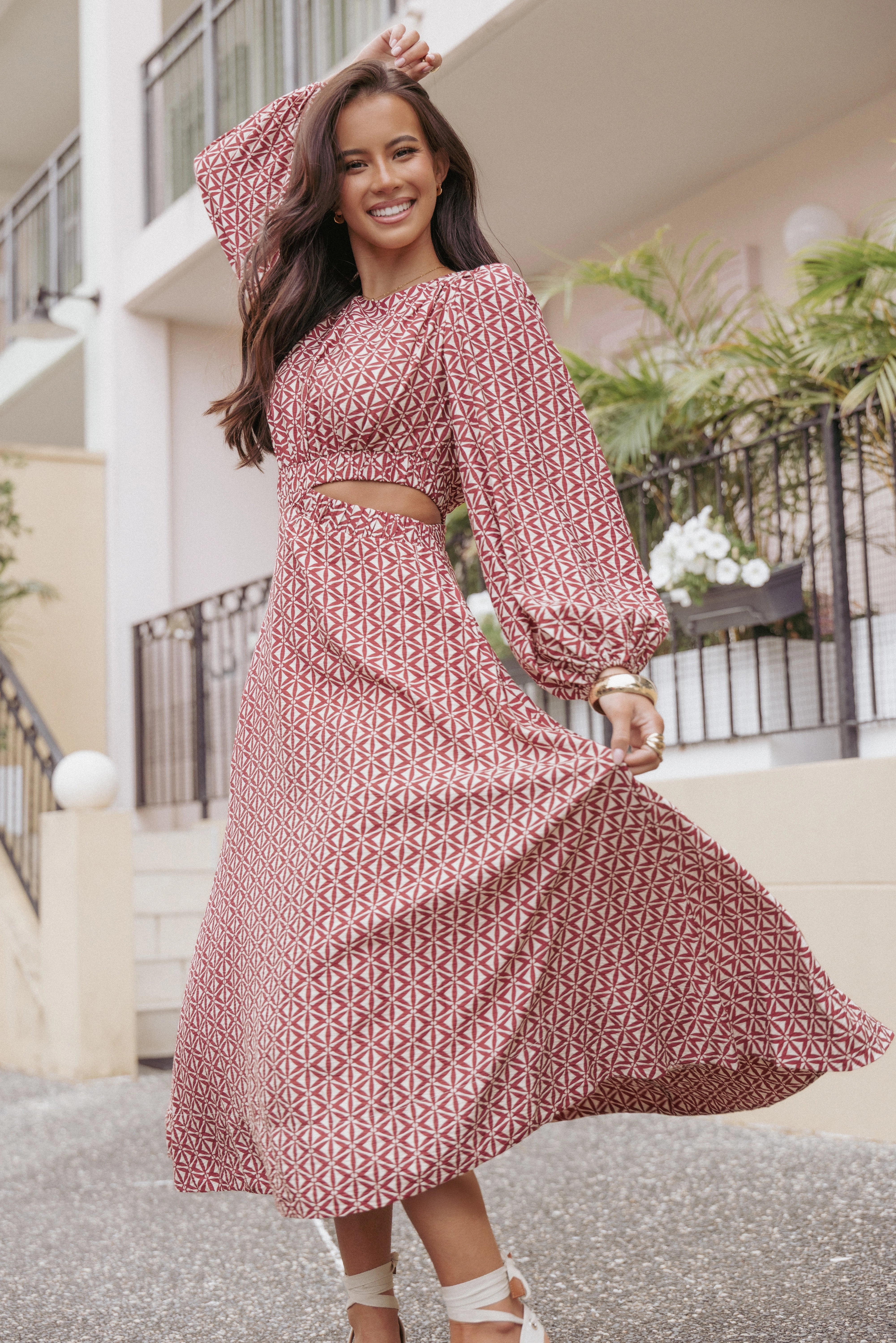 Ginnee Puff Sleeve Cutout Midi Dress - Brown Geo Gentle Aesthetic