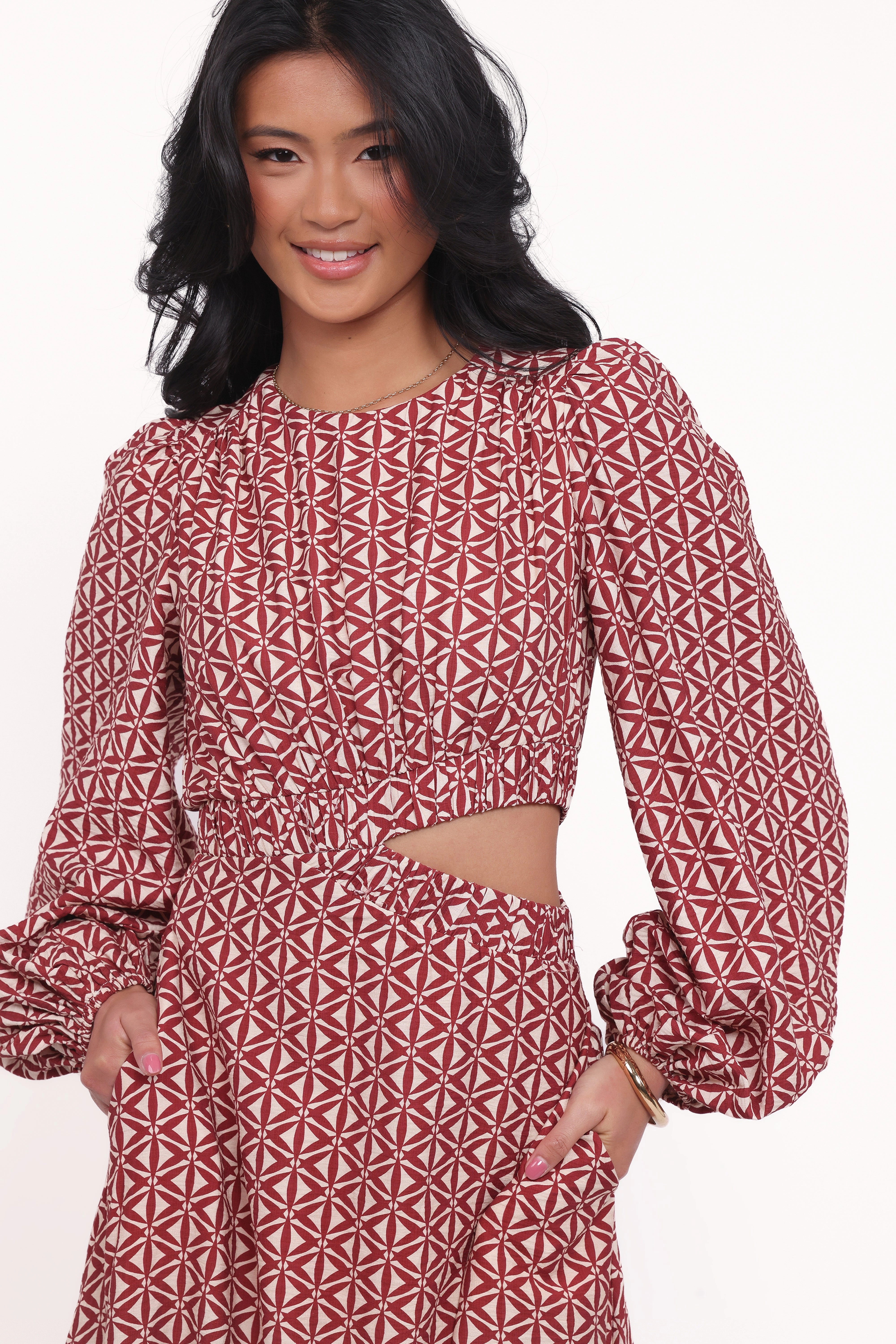 Nature Bloom Subtle Comfort Ginnee Puff Sleeve Cutout Midi Dress - Brown Geo