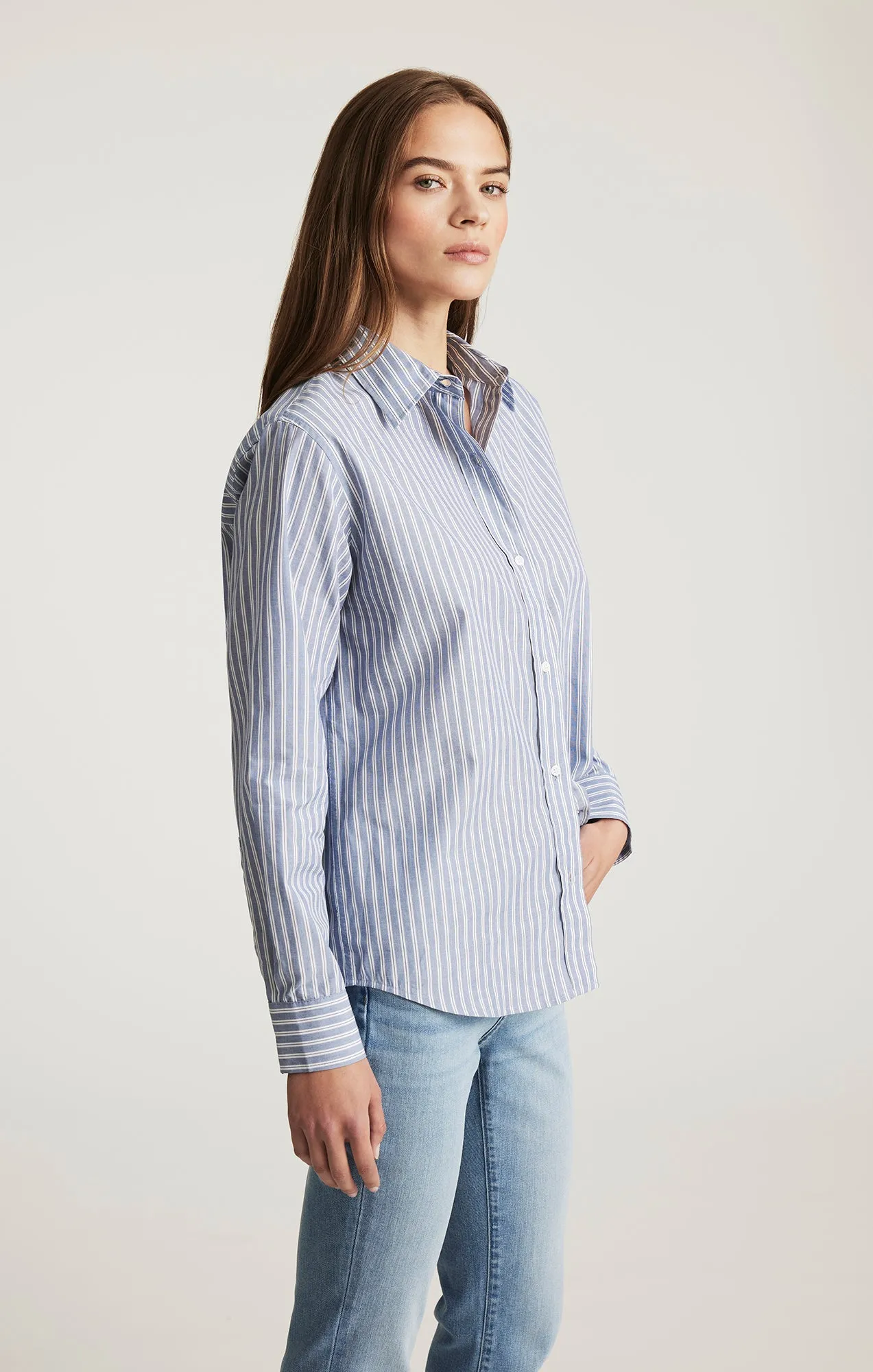 LONG SLEEVE BUTTON-UP SHIRT IN INDIGO BLUE STRIPE Comfort Stretch