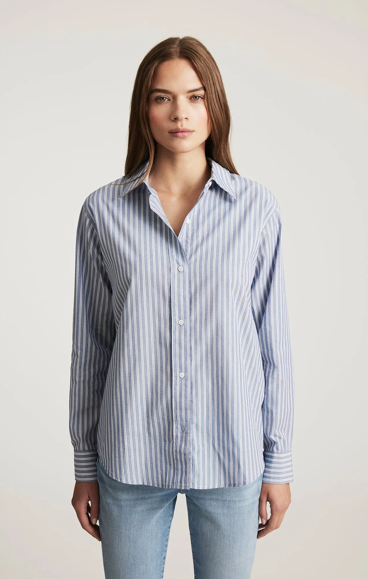 Snag Free Surface Casual Look LONG SLEEVE BUTTON-UP SHIRT IN INDIGO BLUE STRIPE