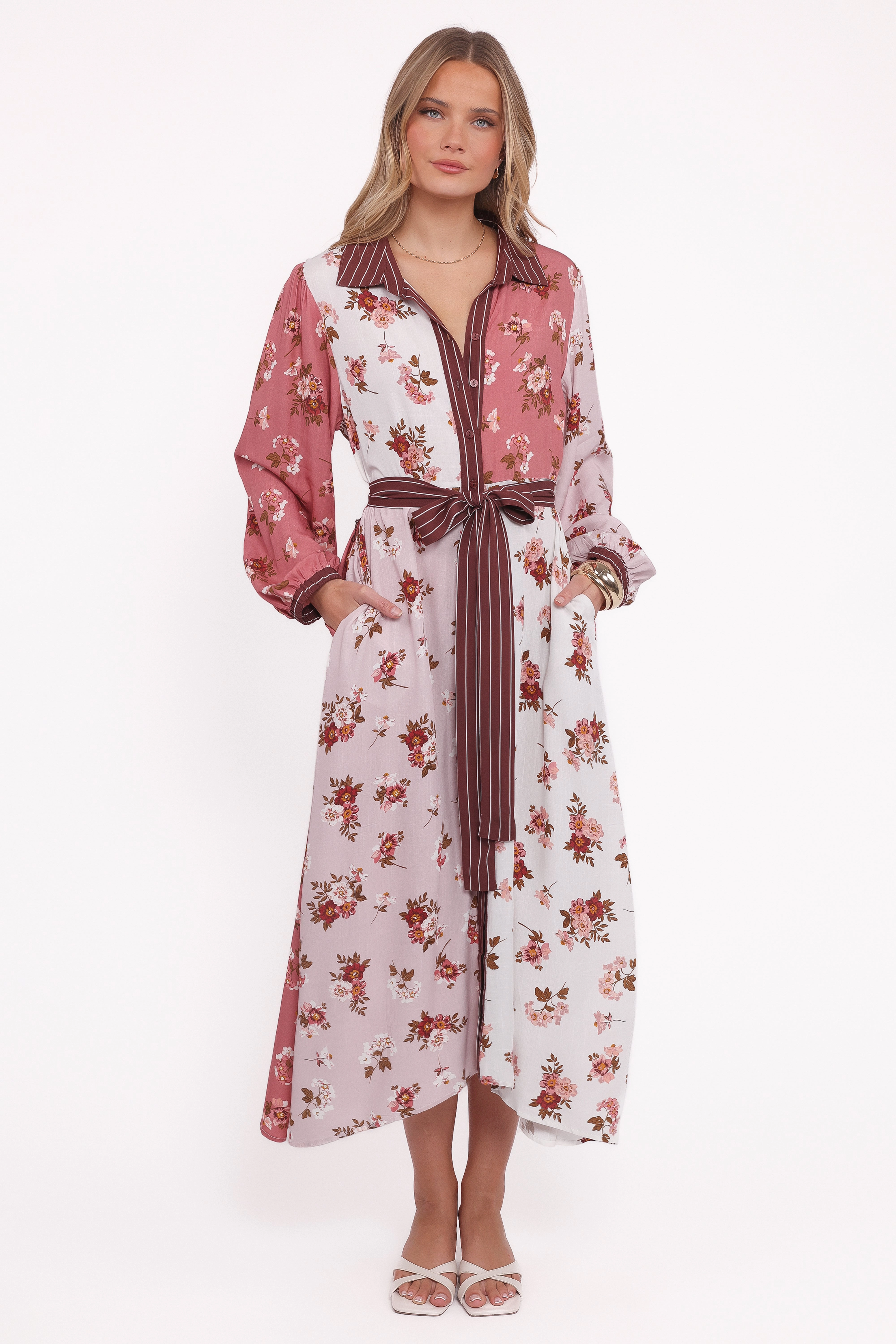 Contrast-Panel Hip-Flattering Maiden Long Sleeve Midi Dress - First Blush