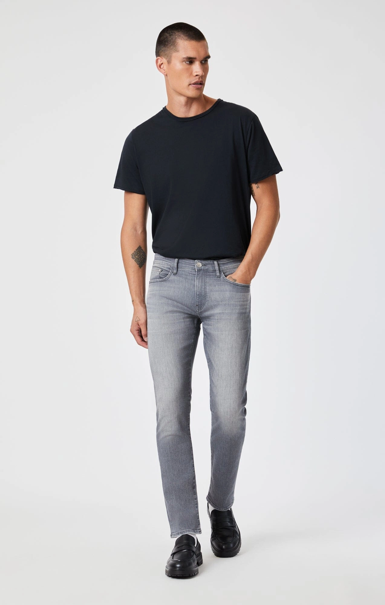 MARCUS SLIM STRAIGHT LEG IN MID GREY FEATHER BLUE Flat Lock Stitching