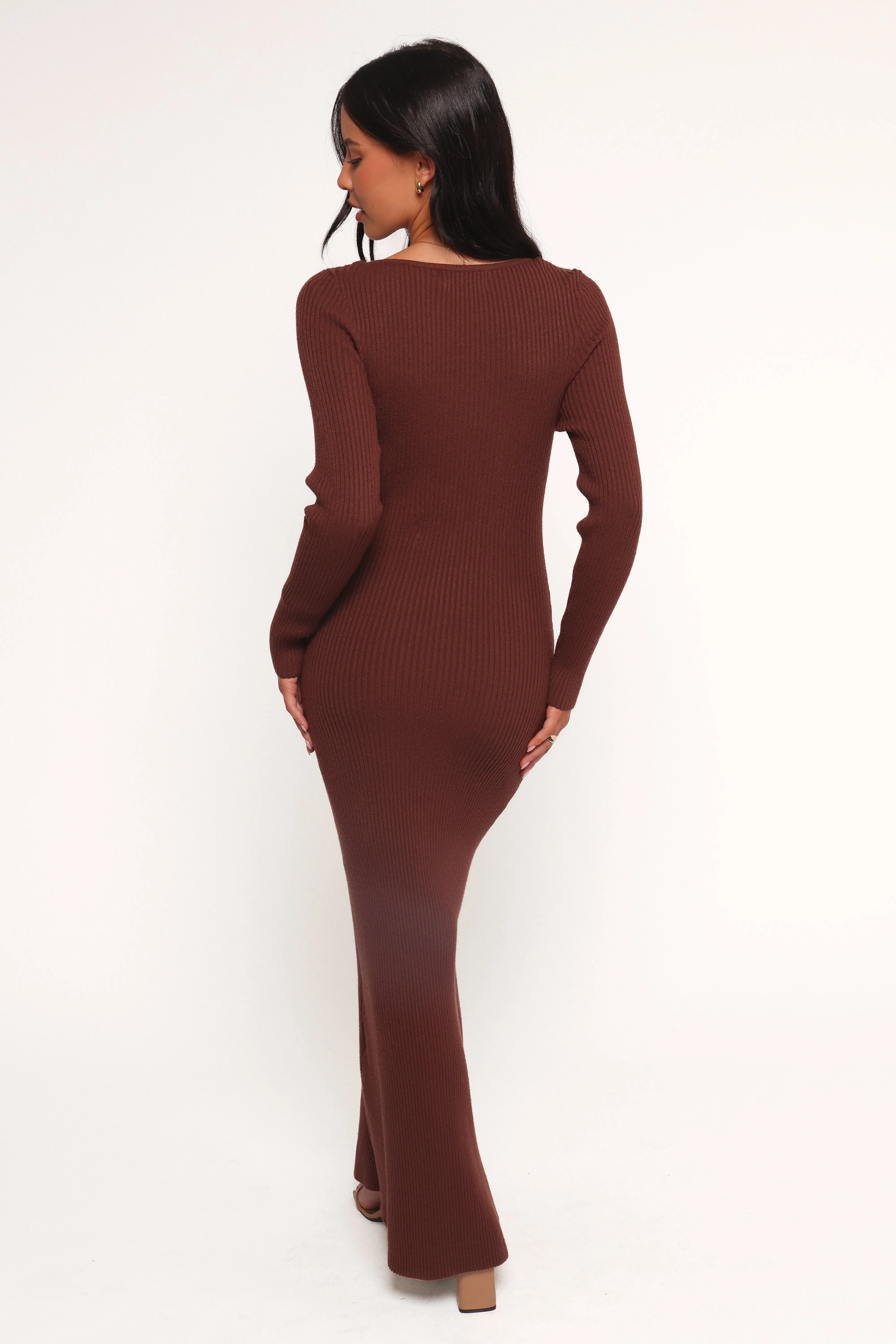 Marshall Button Through Knit Maxi Dress - Chocolate Side Slit