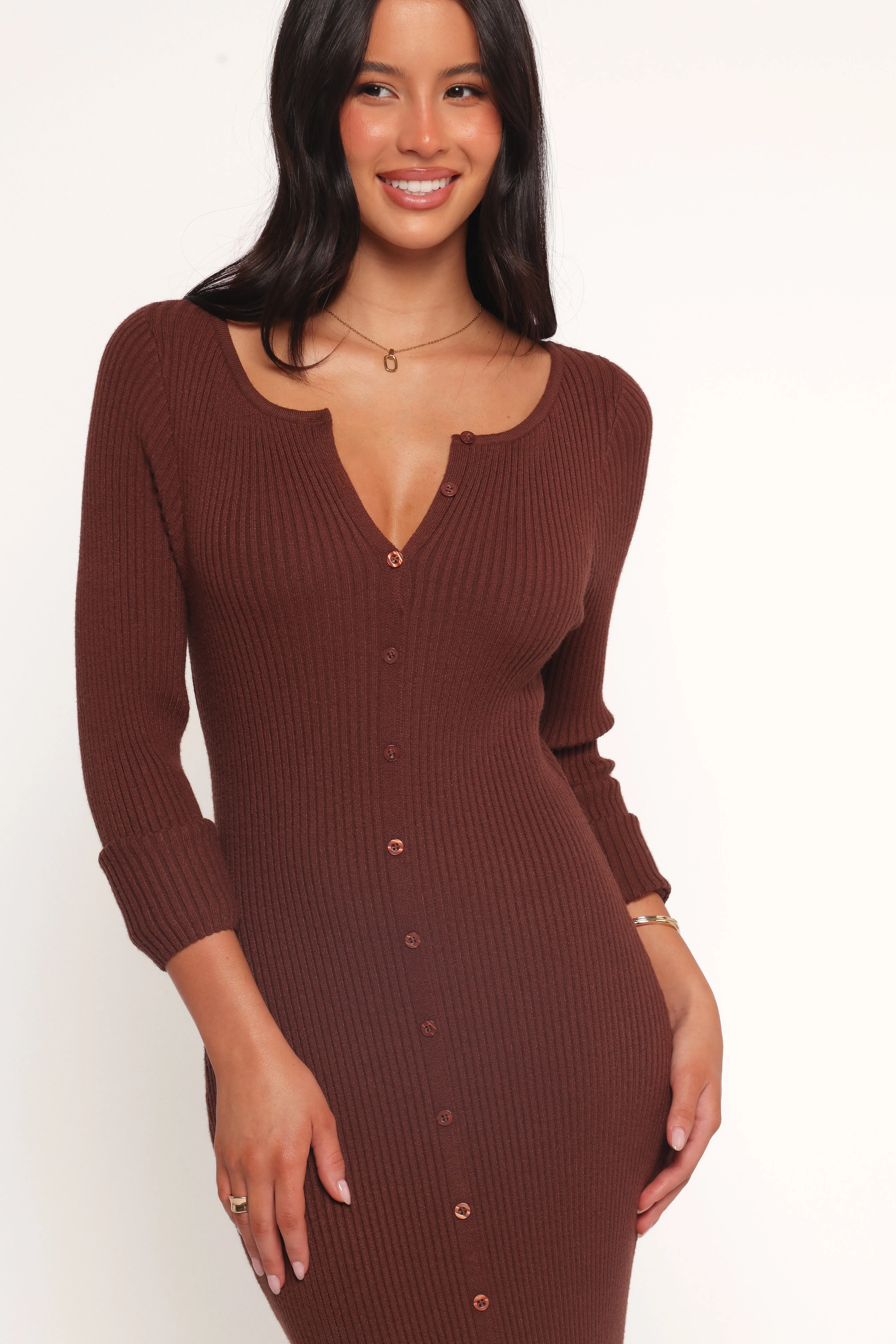 Marshall Button Through Knit Maxi Dress - Chocolate Airy Weave Flowing Fit
