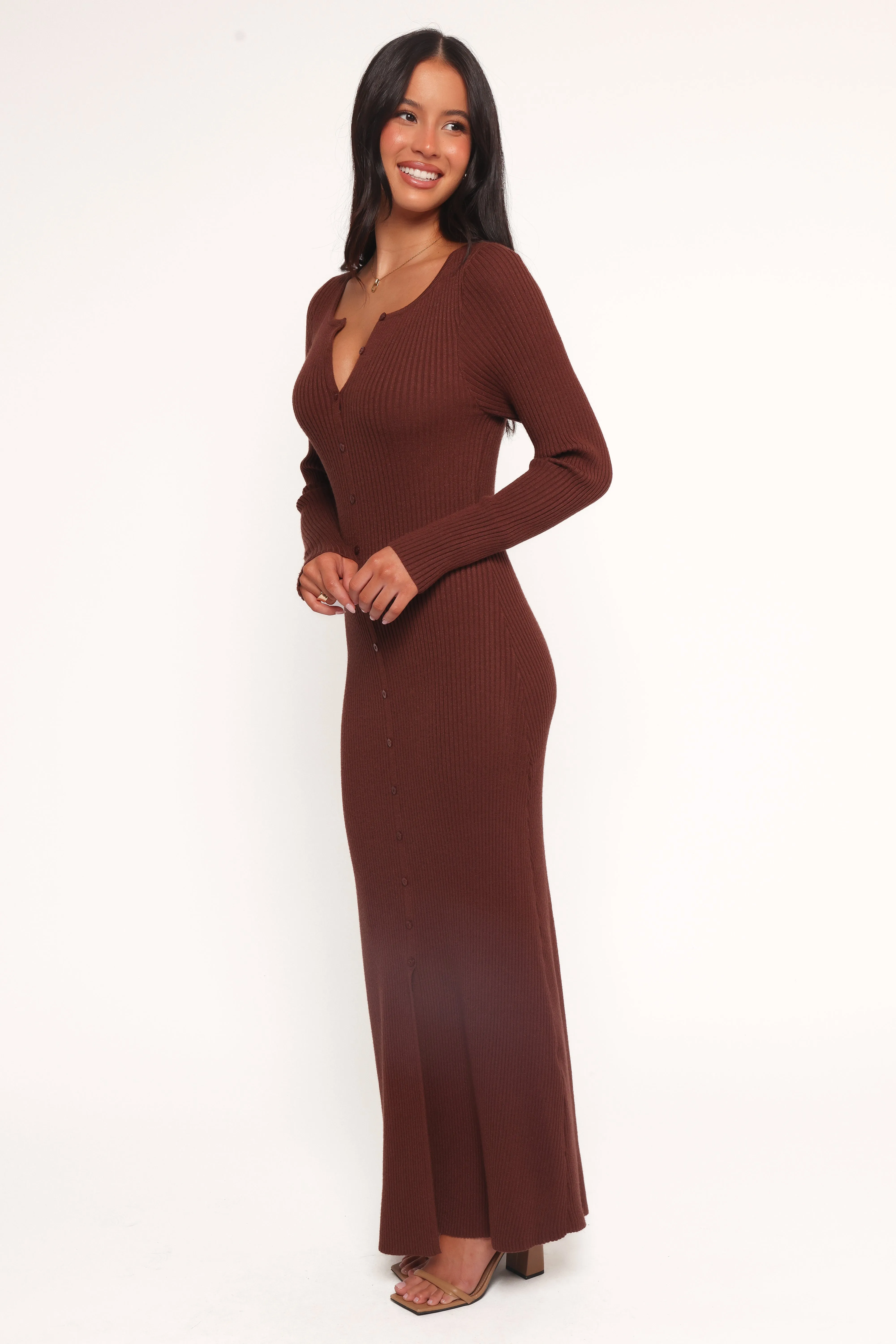 Fit Choice Fashion Layers Marshall Button Through Knit Maxi Dress - Chocolate