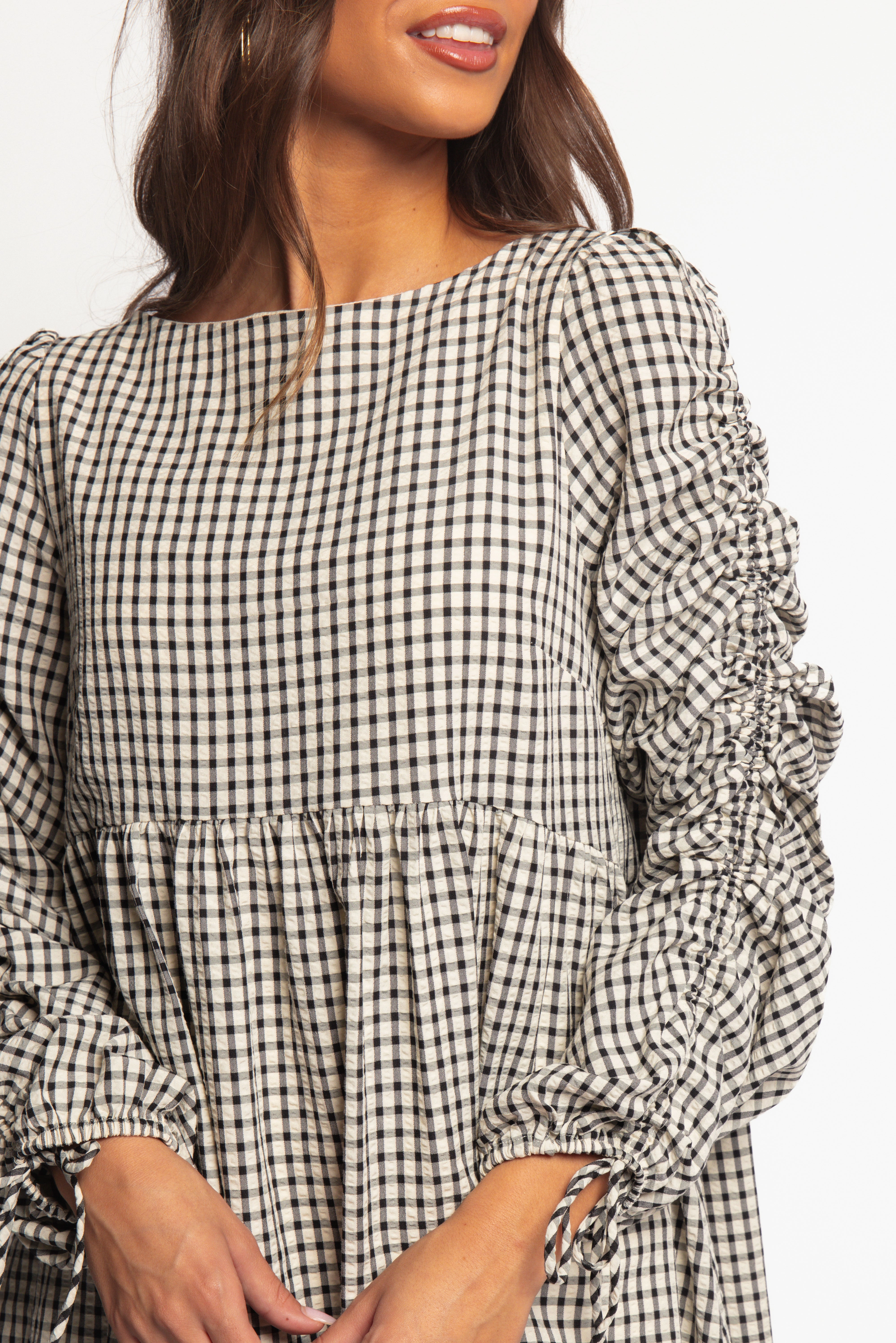 Daily Confidence Petite Chic Micaela Long Sleeve Mini Dress - Black Gingham