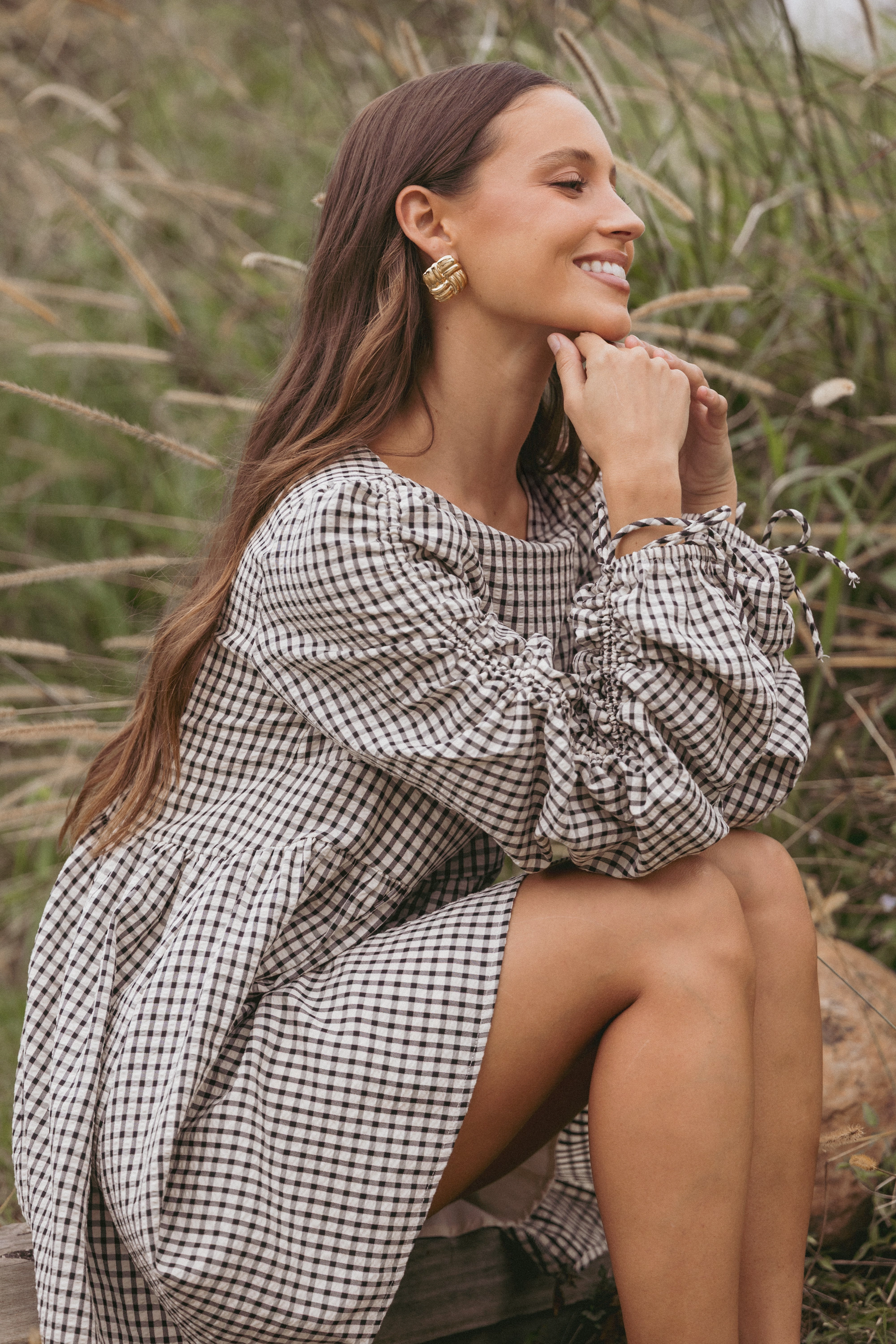 Micaela Long Sleeve Mini Dress - Black Gingham Emerging-Brand Delicate Touch