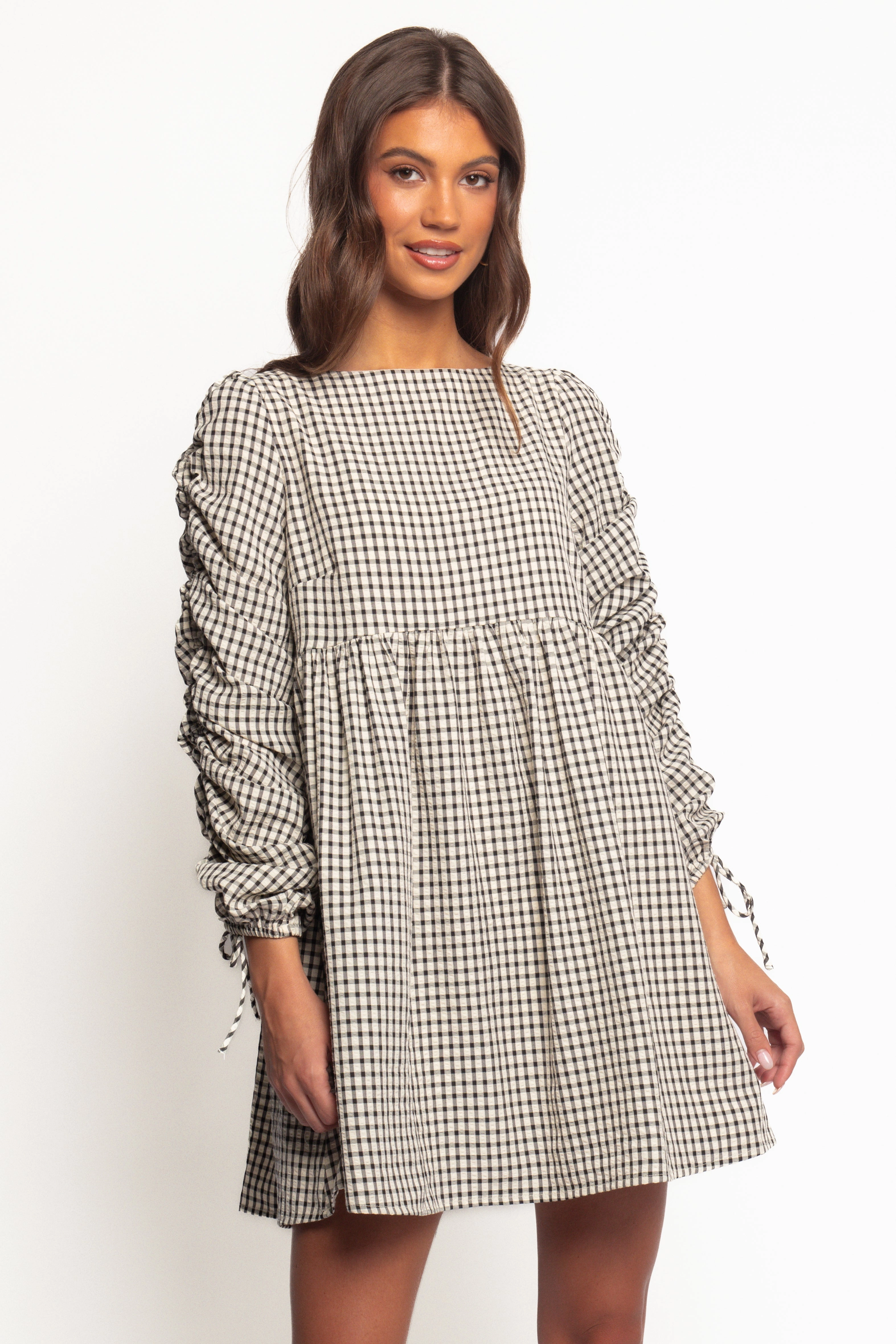 Coastal Soft Bright Vibe Micaela Long Sleeve Mini Dress - Black Gingham