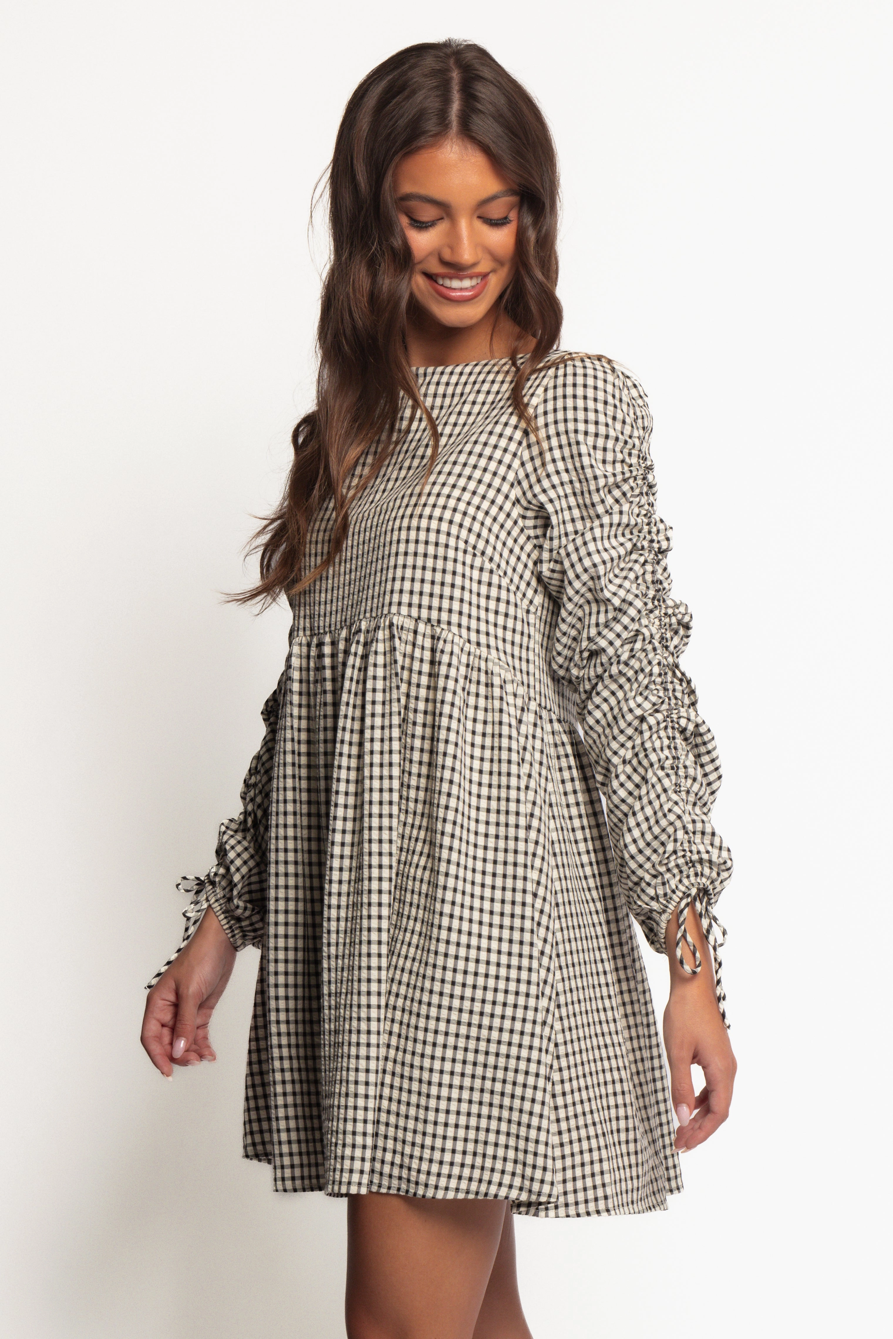 Elegant Waist Fit Micaela Long Sleeve Mini Dress - Black Gingham