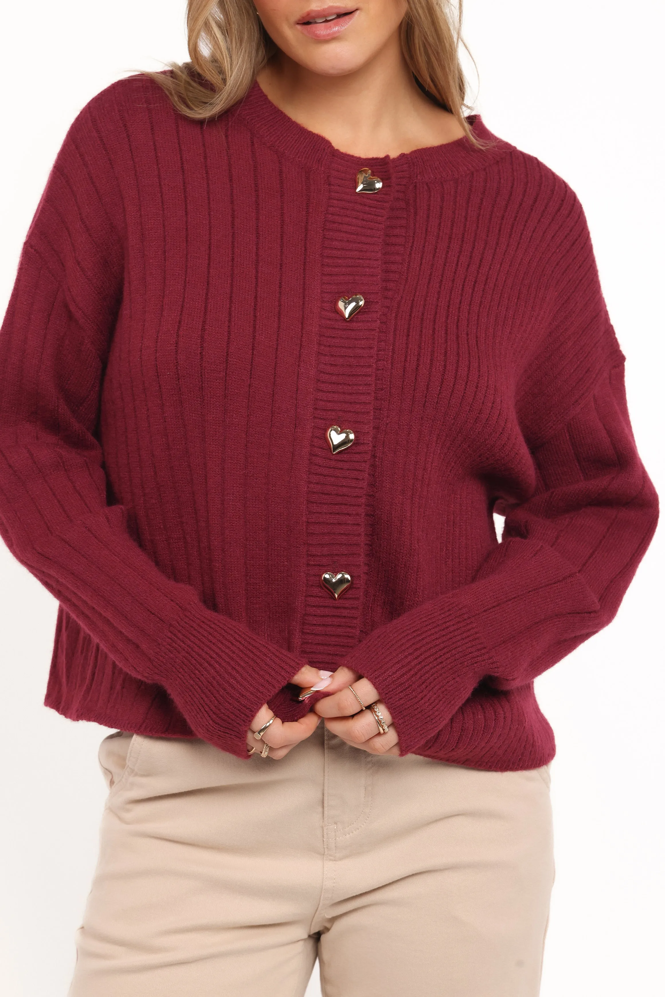 Fall Fashion Loulani Heart Button Cardigan - Cherry