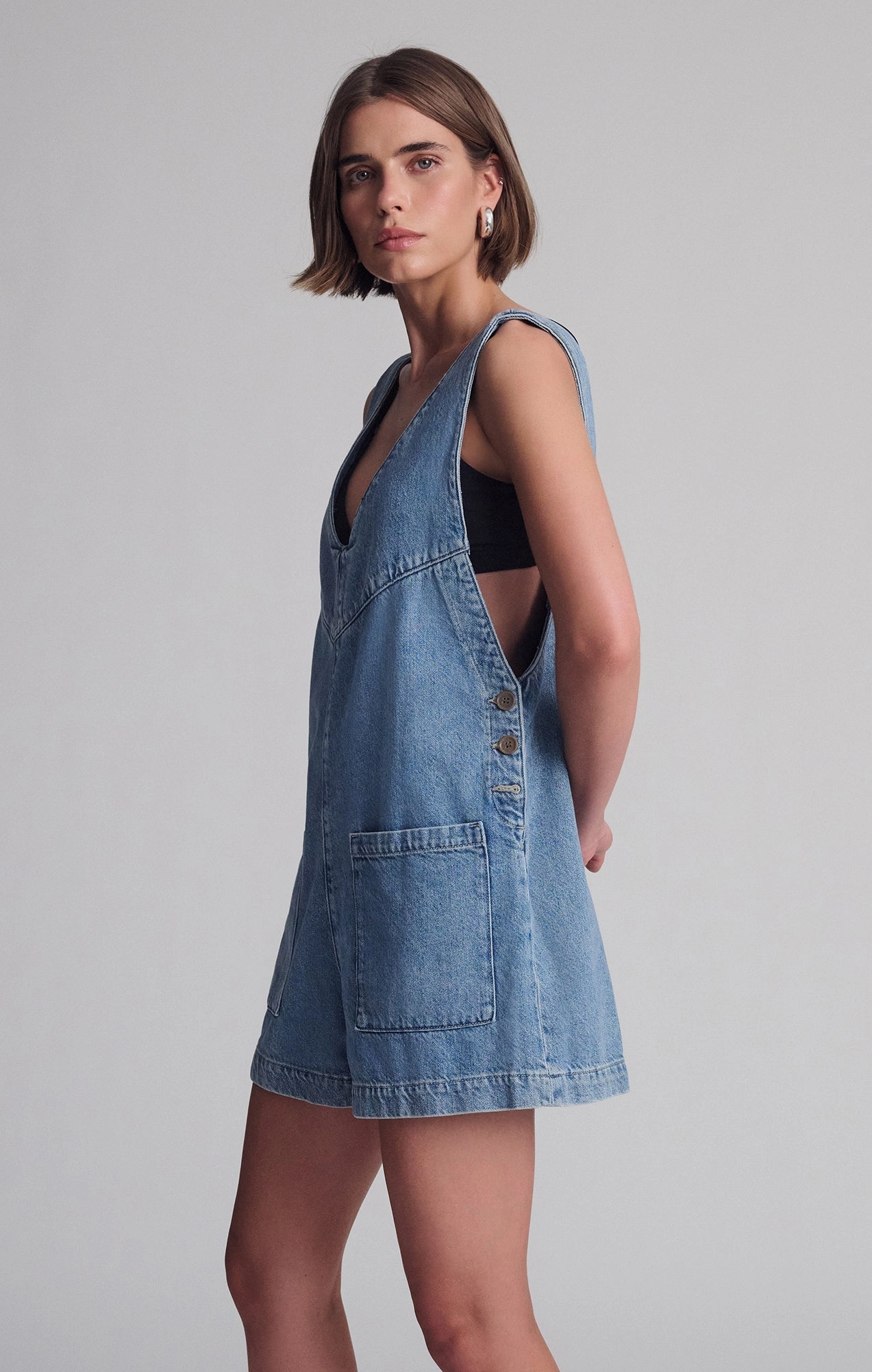 REVA ROMPER IN LIGHT SHADED WELL BLUE Perfectly Fitted Outerwear Friendly