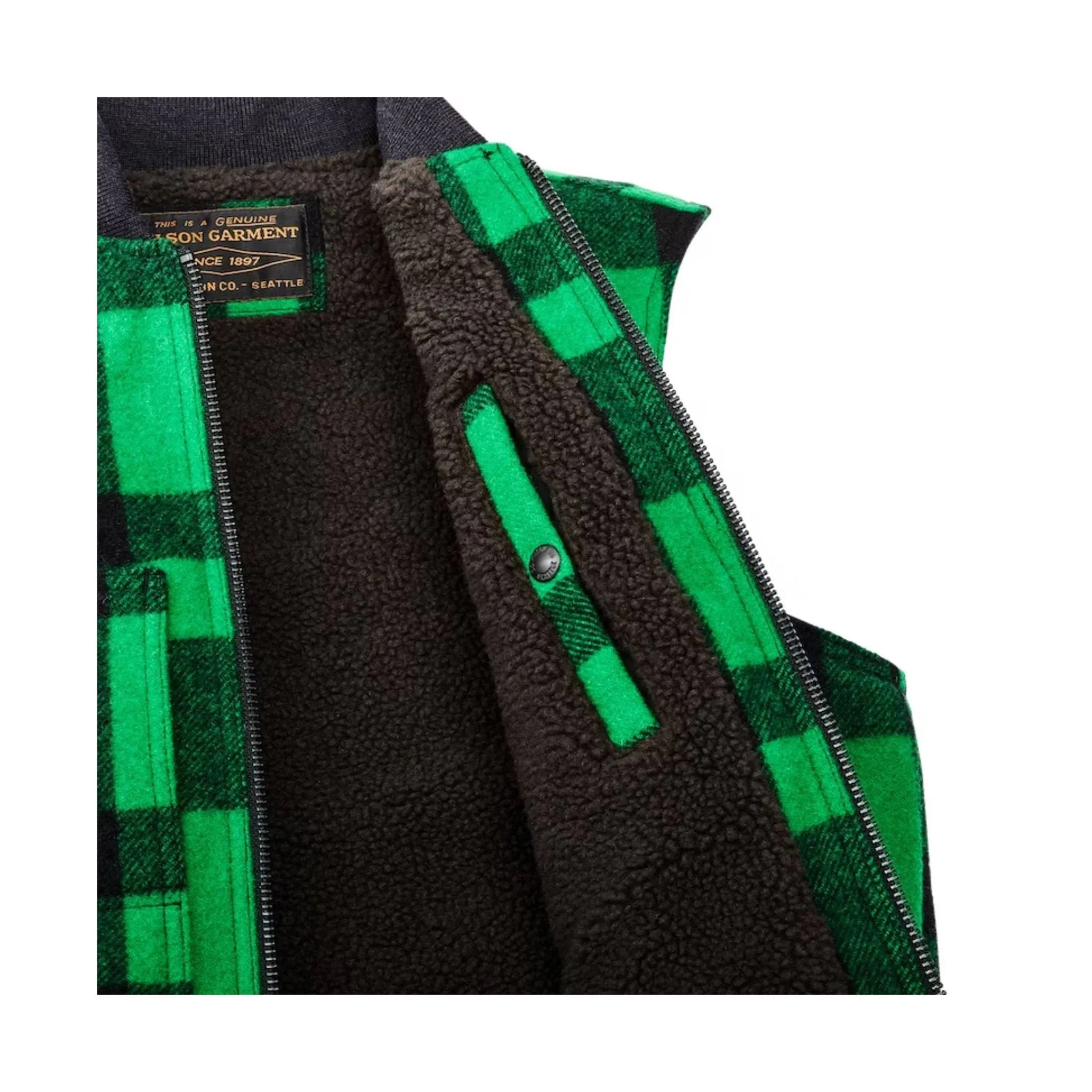 Filson Lined Mackinaw Wool Work Vest - Acid Green Black Calm Day Fit Double Layer Protection