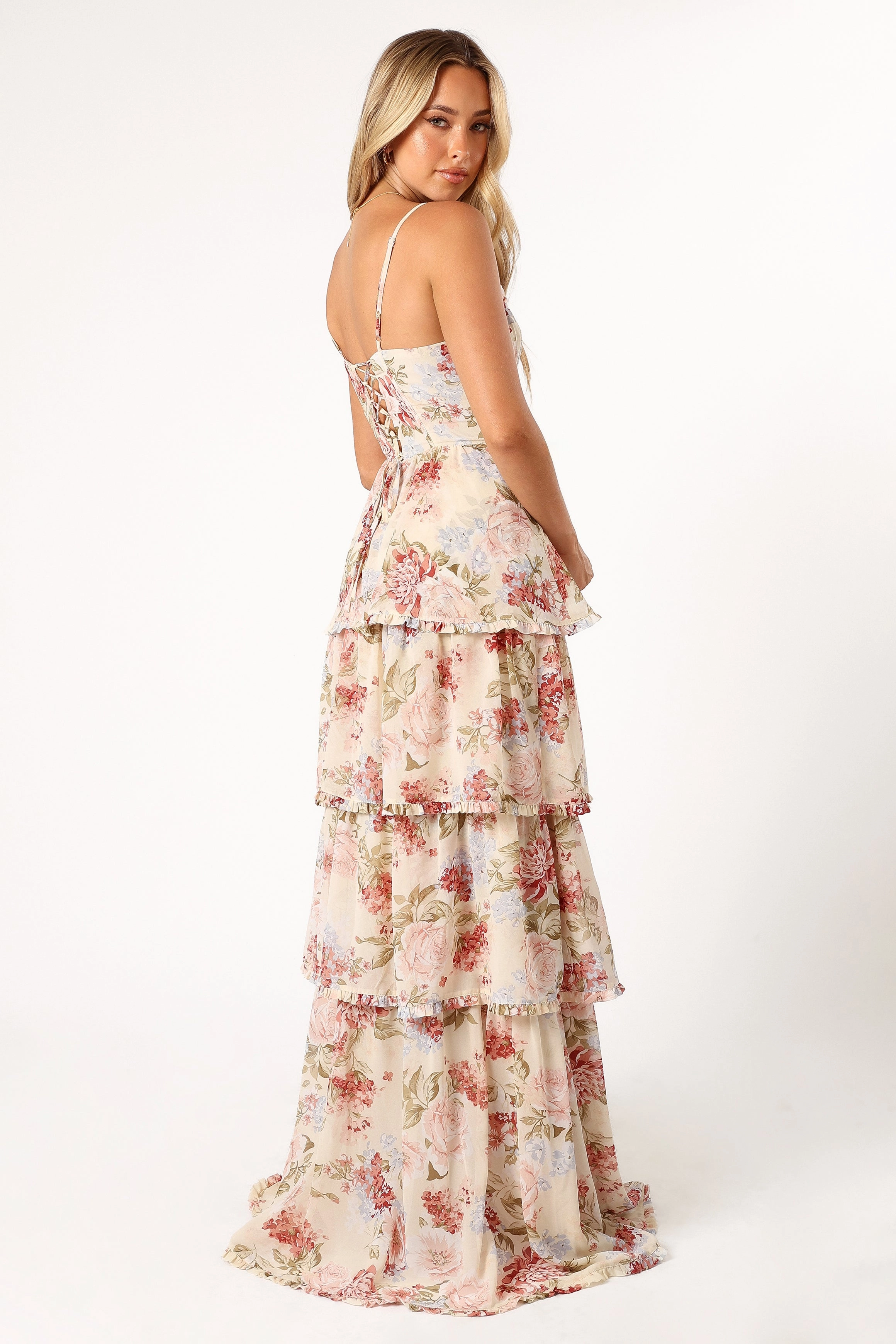 Flexible Fabric Boat-Neck Mito Tiered Maxi Dress - Cream Floral