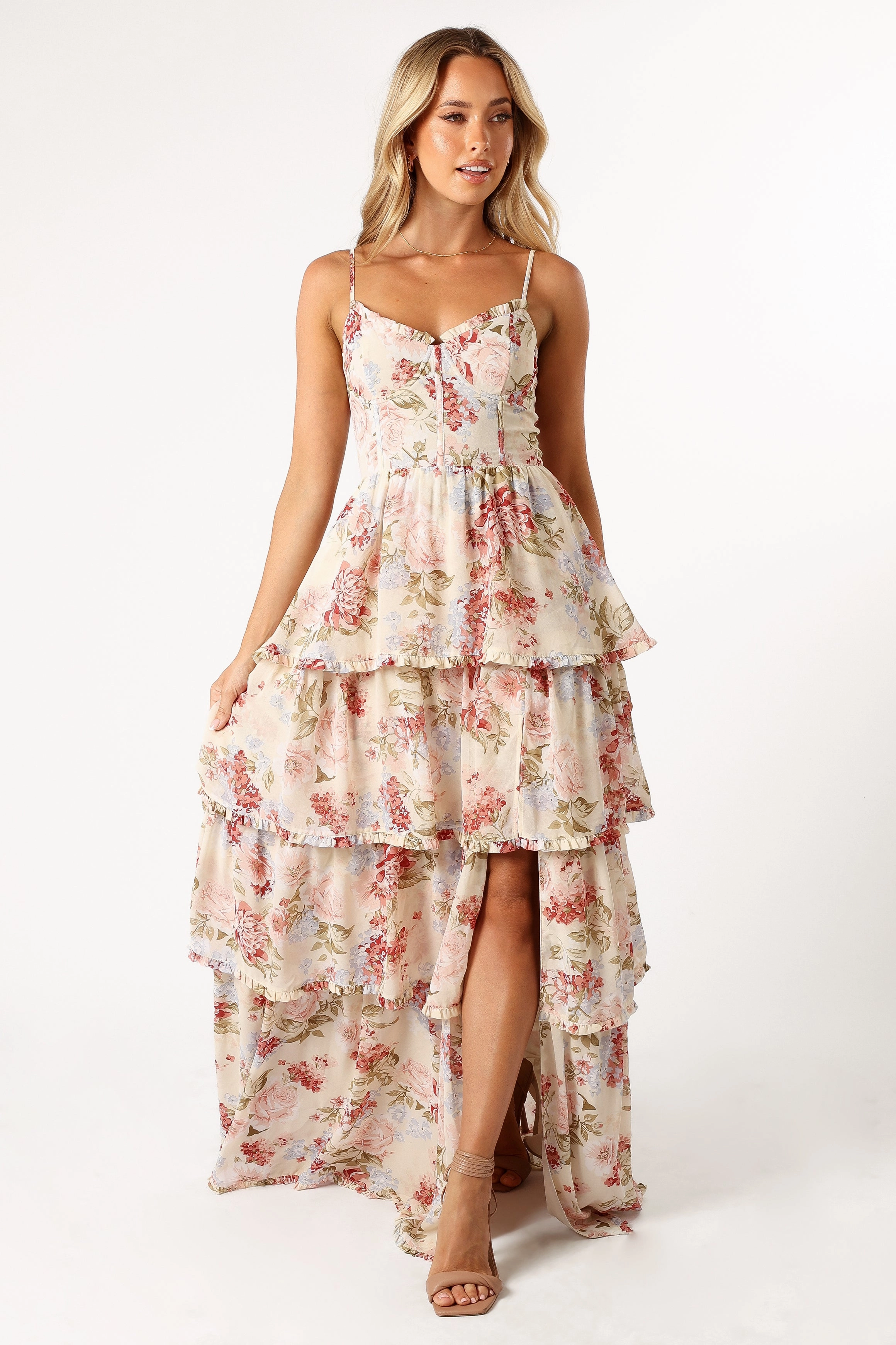 Mito Tiered Maxi Dress - Cream Floral Flare Breeze